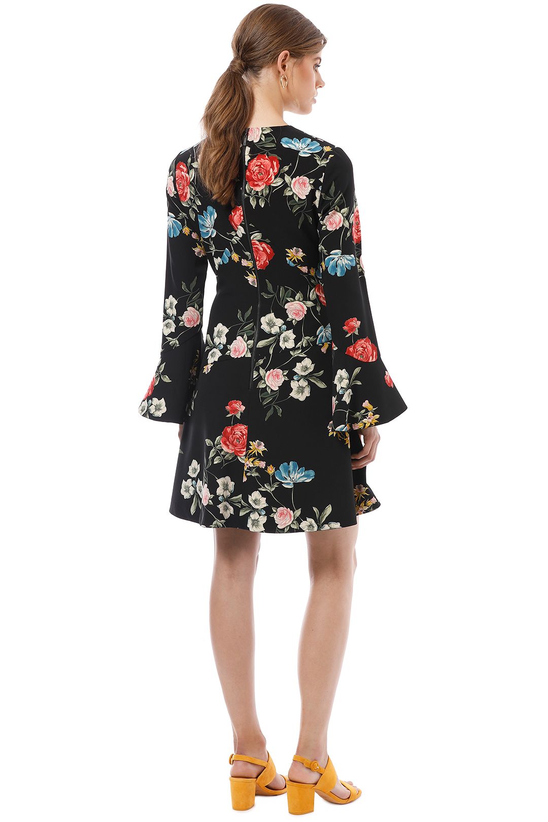 Cue - Watercolour Rose Long Sleeve Dress - Black Floral - Back