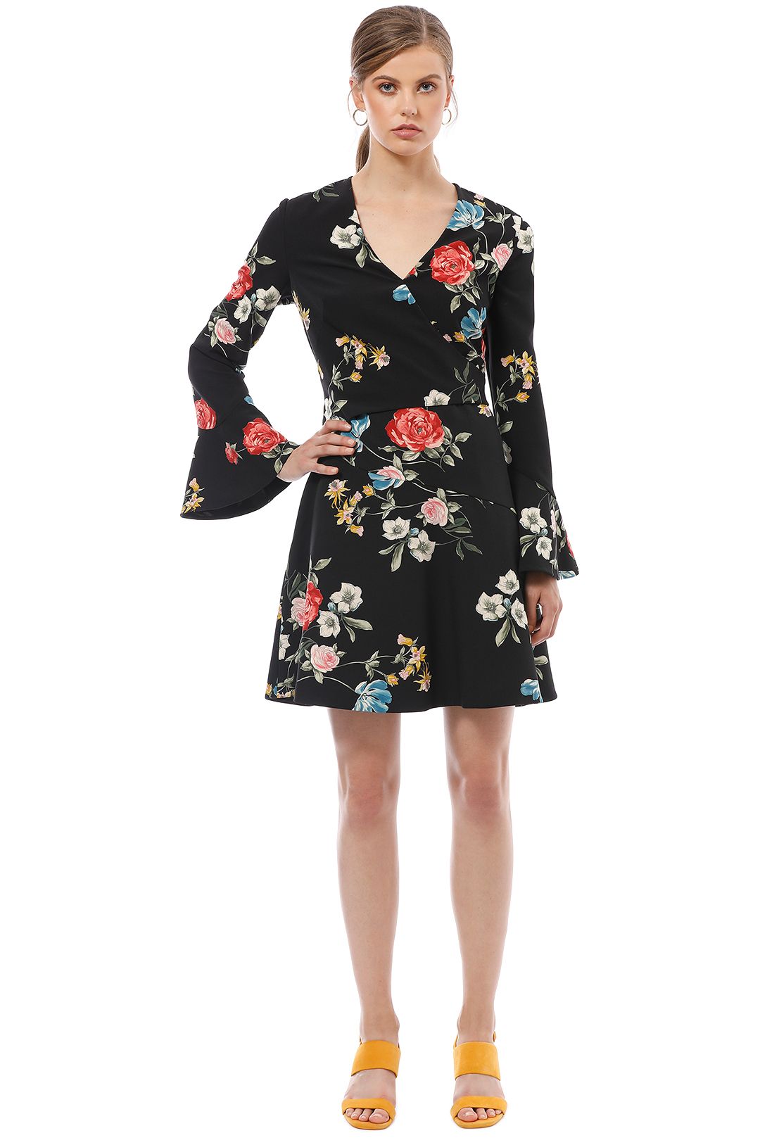 Cue - Watercolour Rose Long Sleeve Dress - Black Floral - Front