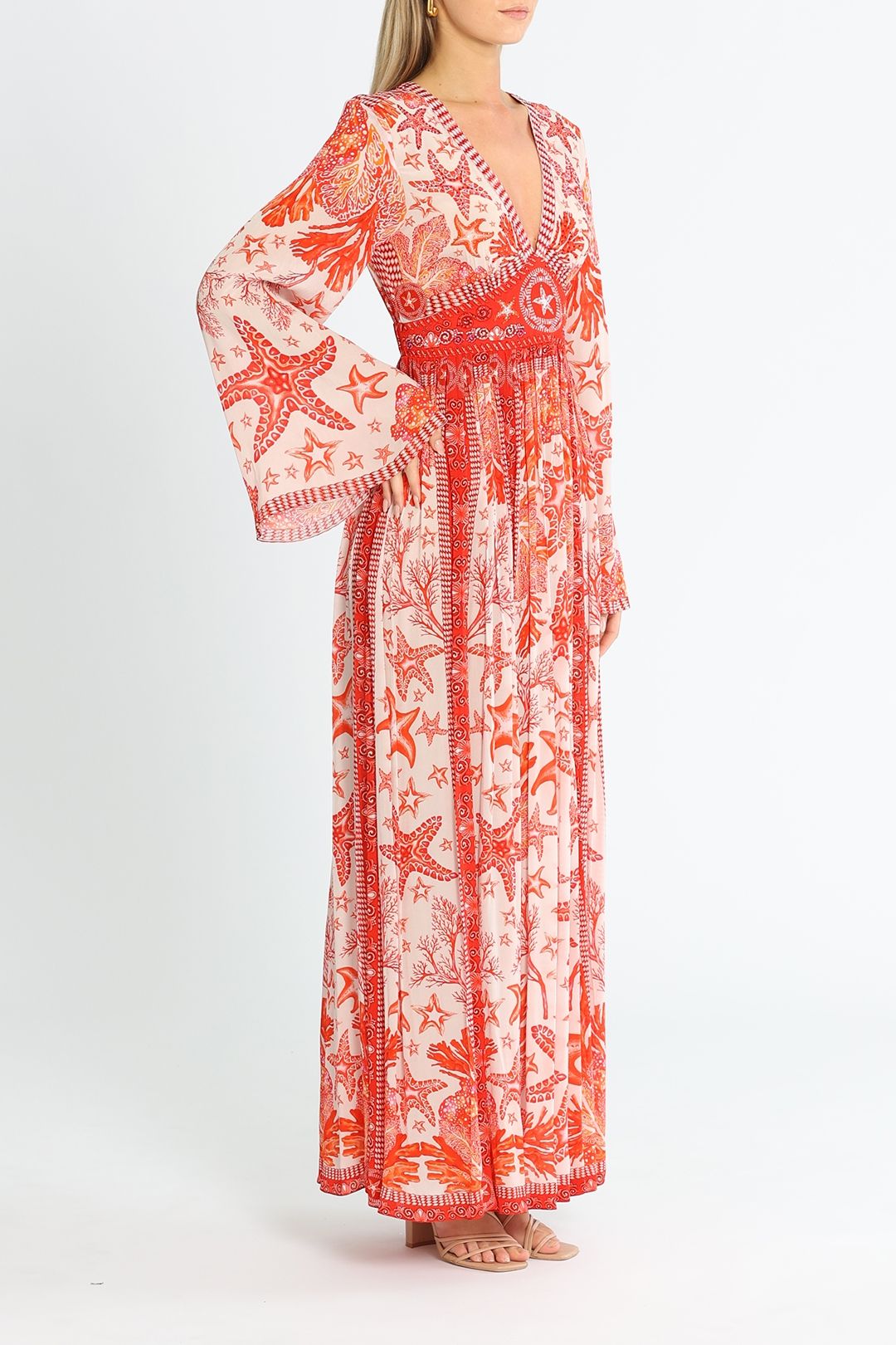 Czarina Red Coral Maxi Dress V Neck