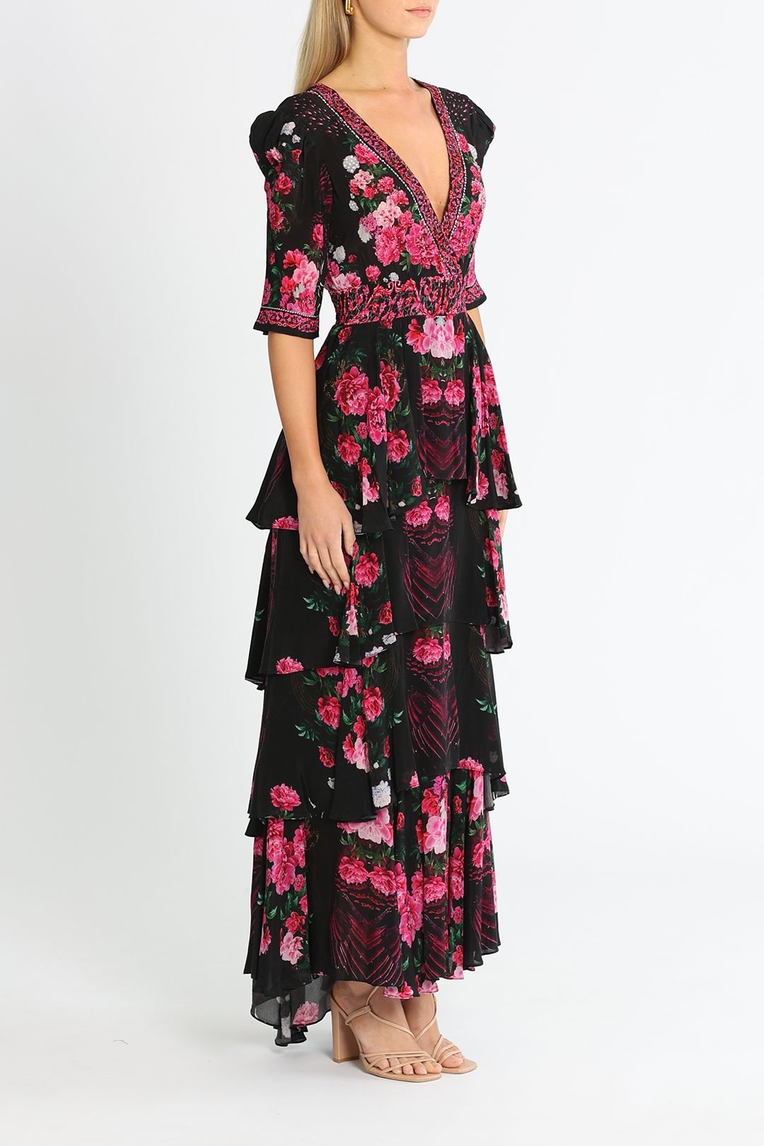 Czarina Romantic Flower Maxi Dress V Neck