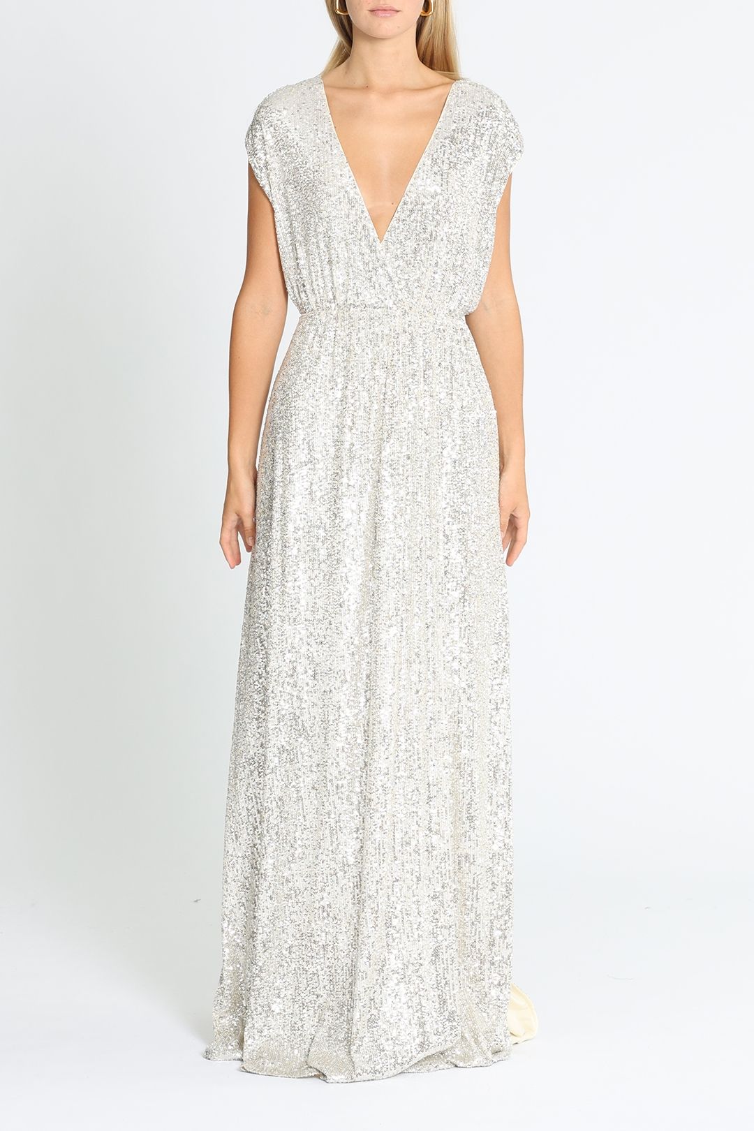 Elle Zeitoune - Wrap Style V Neck Sequin Gown - Silver