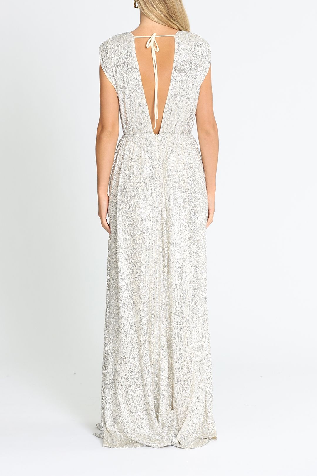 Elle Zeitoune - Wrap Style V Neck Sequin Gown - Silver Maxi