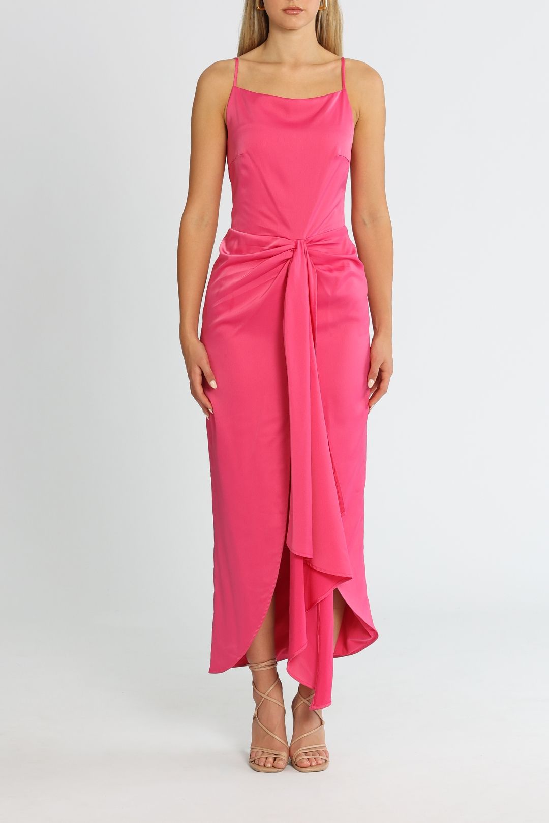 Hire Gathered Waist Midi Dress in Pink Punch | Elle Zeitoune | GlamCorner