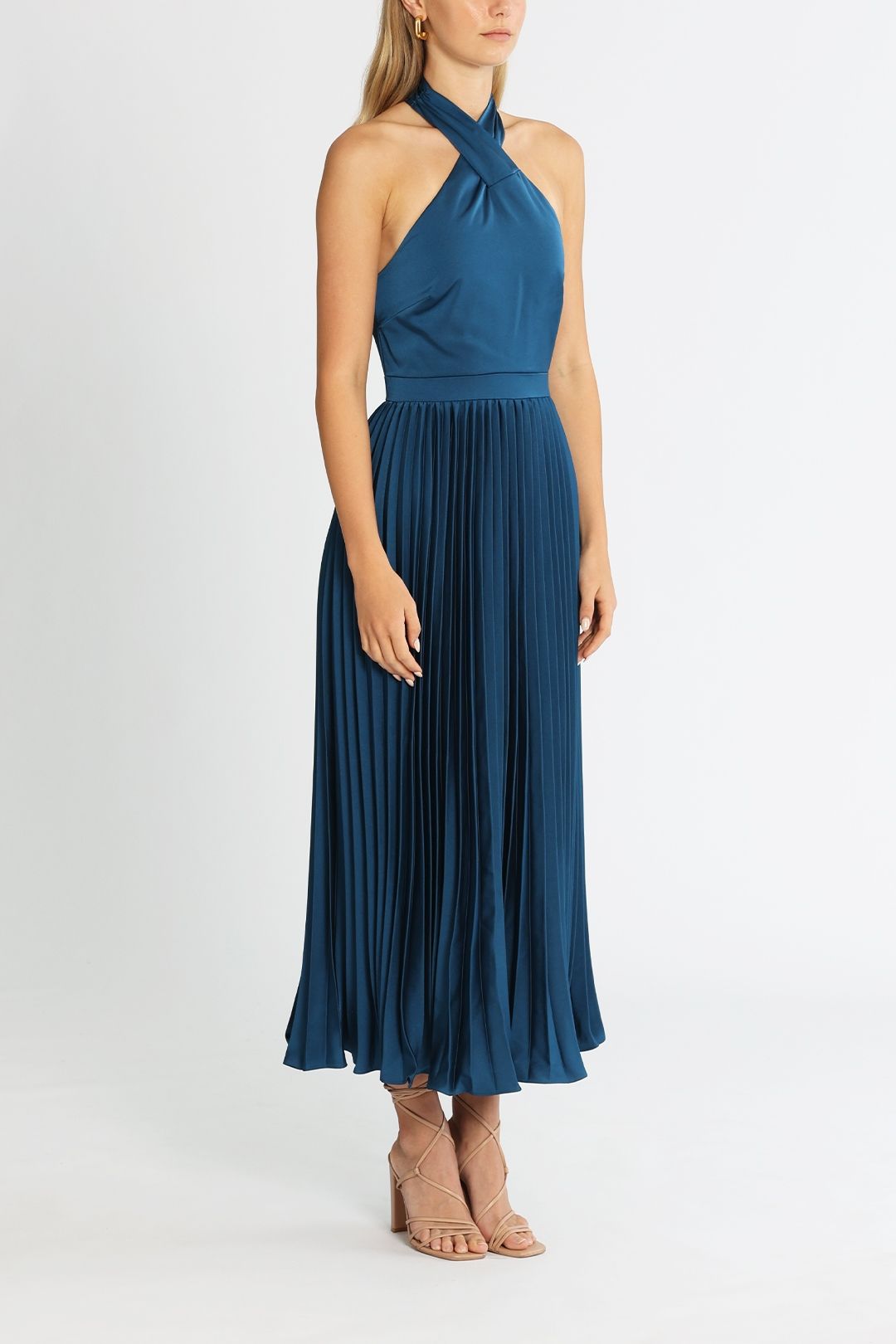 Elle Zeitoune Pleated Halter Midi Satin