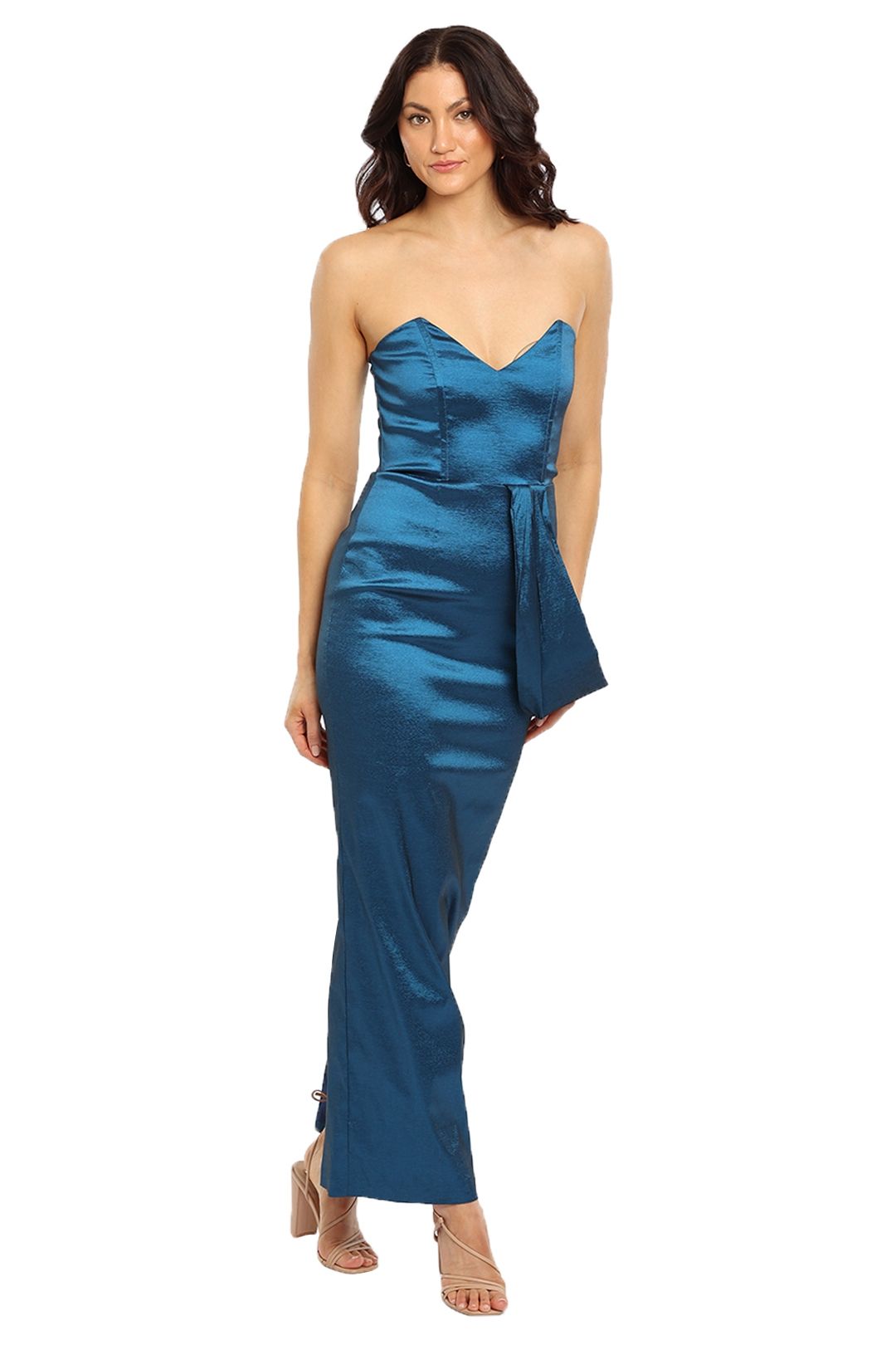 Elle Zeitoune Satin One Shoulder Dress Blue Maxi