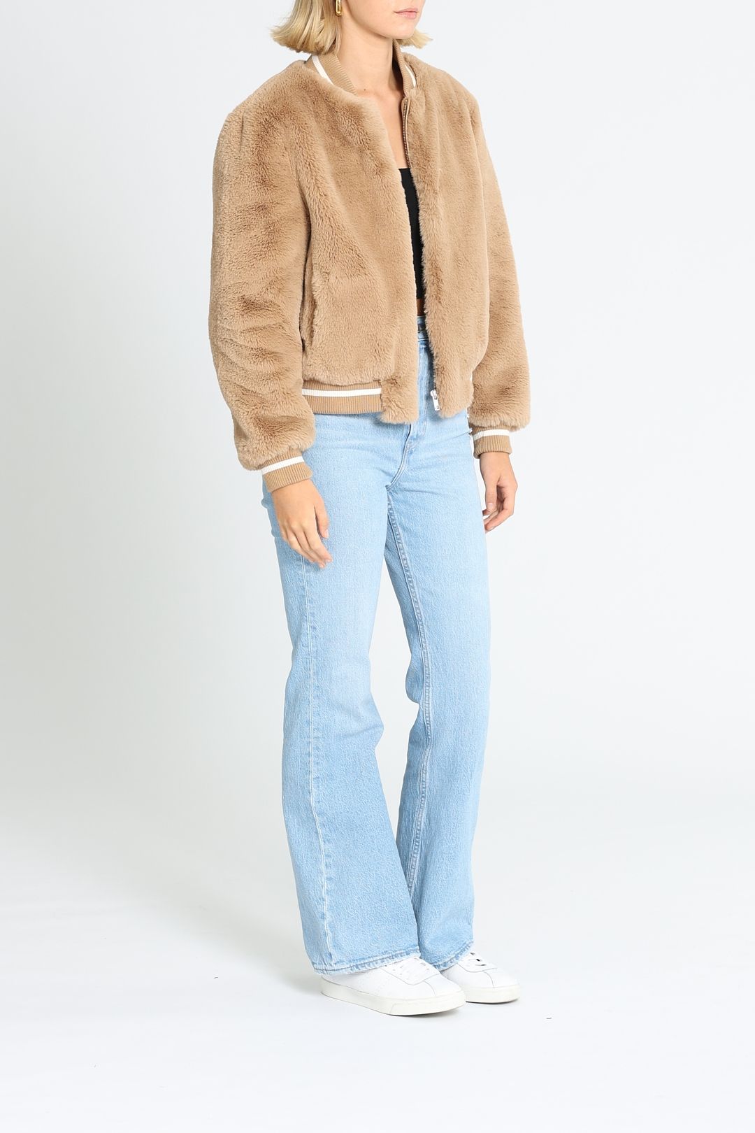Ena Pelly Bomber Faux Fur Jacket Almond Long Sleeves