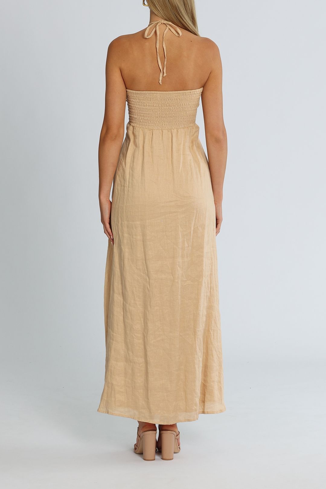 Faithfull La Costa Maxi Dress Plain Warm Sand Tie Neck