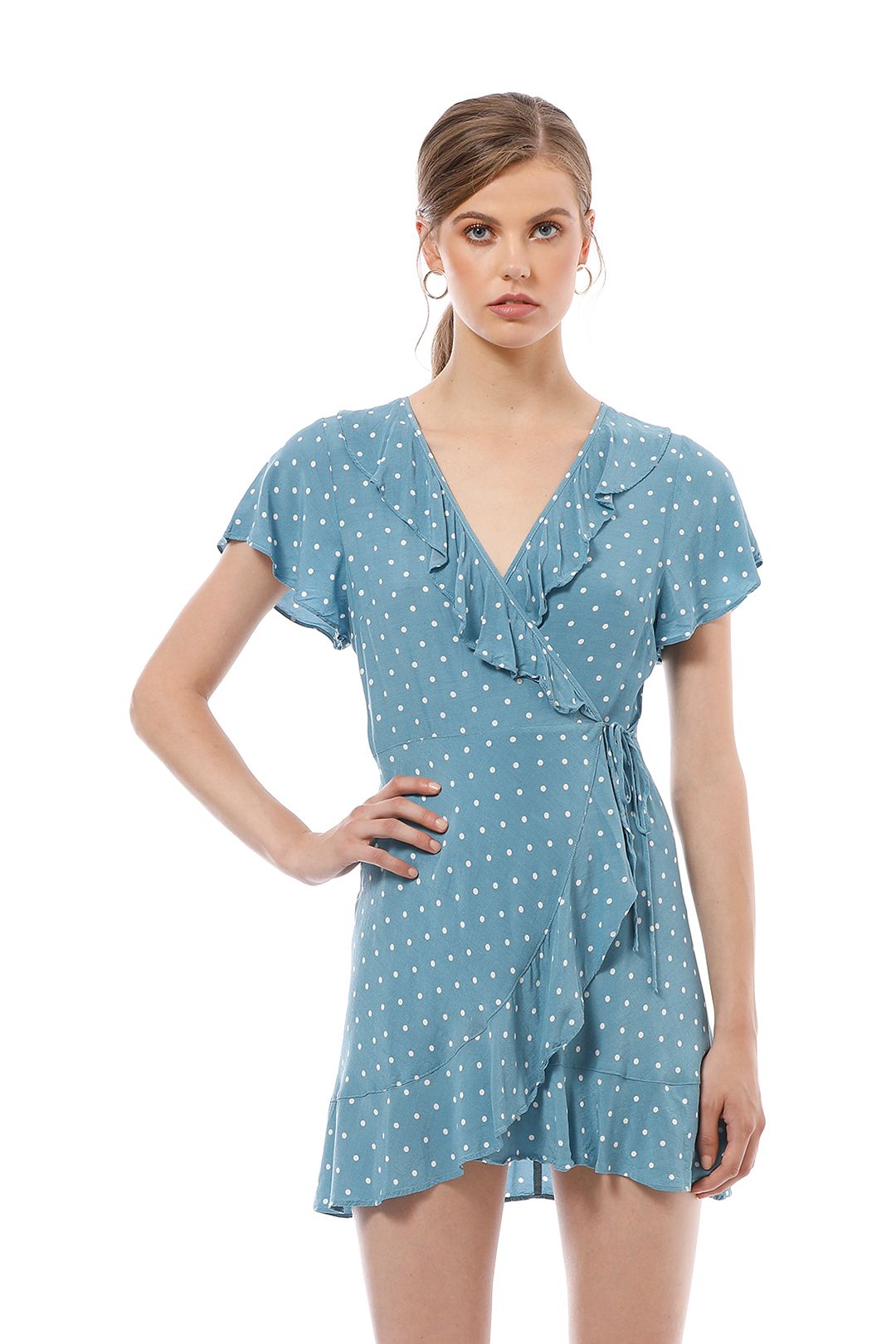 Auguste - Polly Frill Neck Wrap Mini Dress - Blue - Close Up