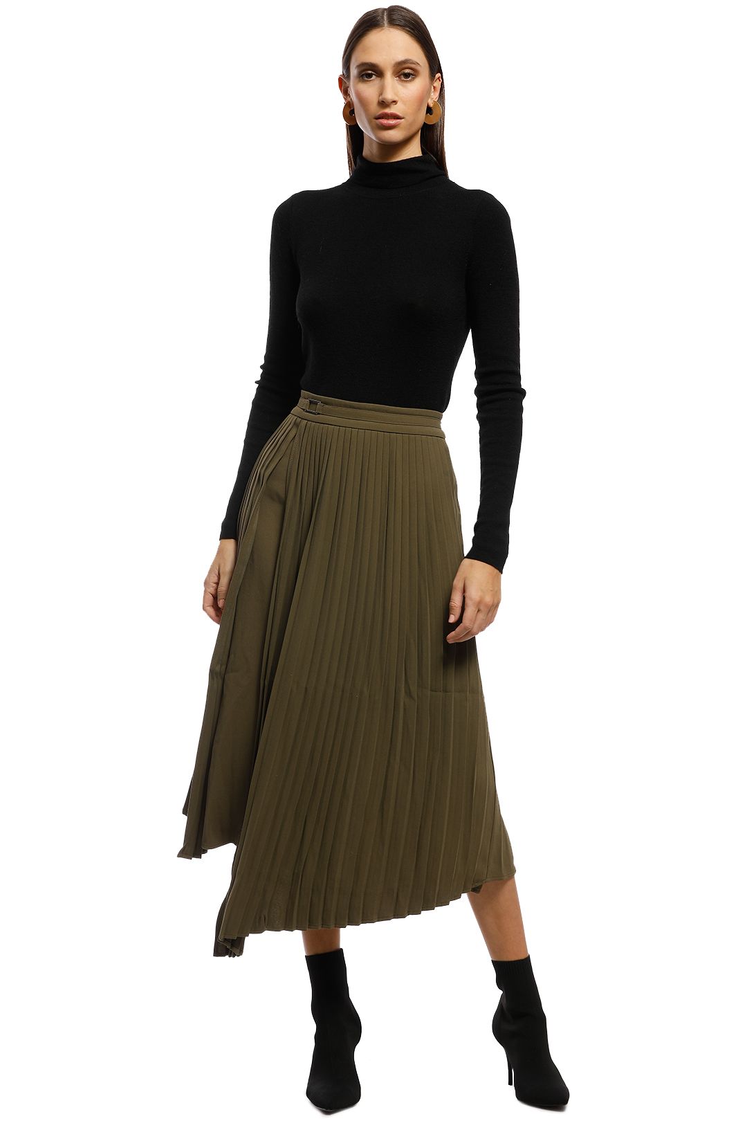 Friend of Audrey - Nathalie Pleated Asymmetry Skirt - Olive - Front