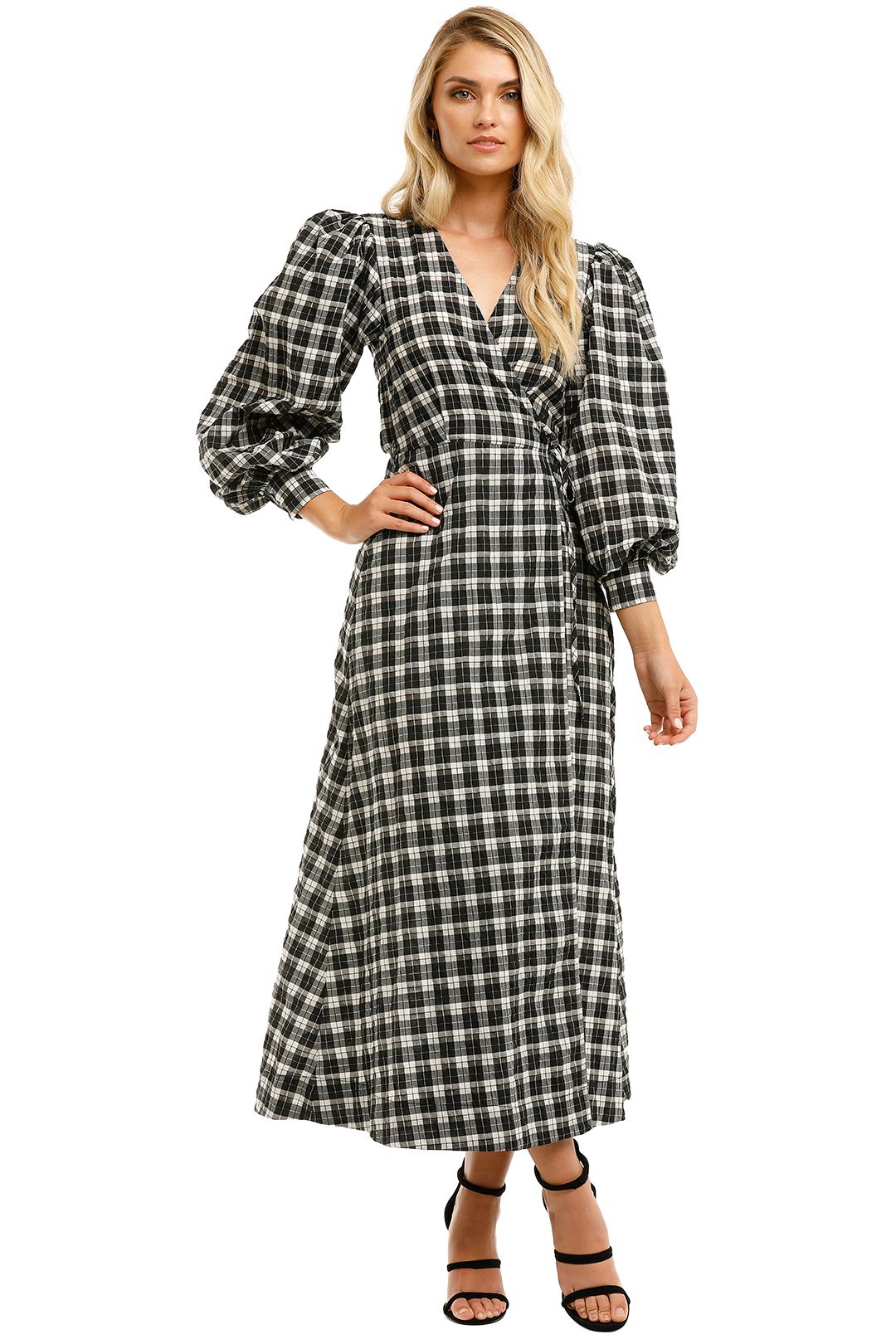 Ganni-Check-Long-Sleeves-Wrap-Dress-Front