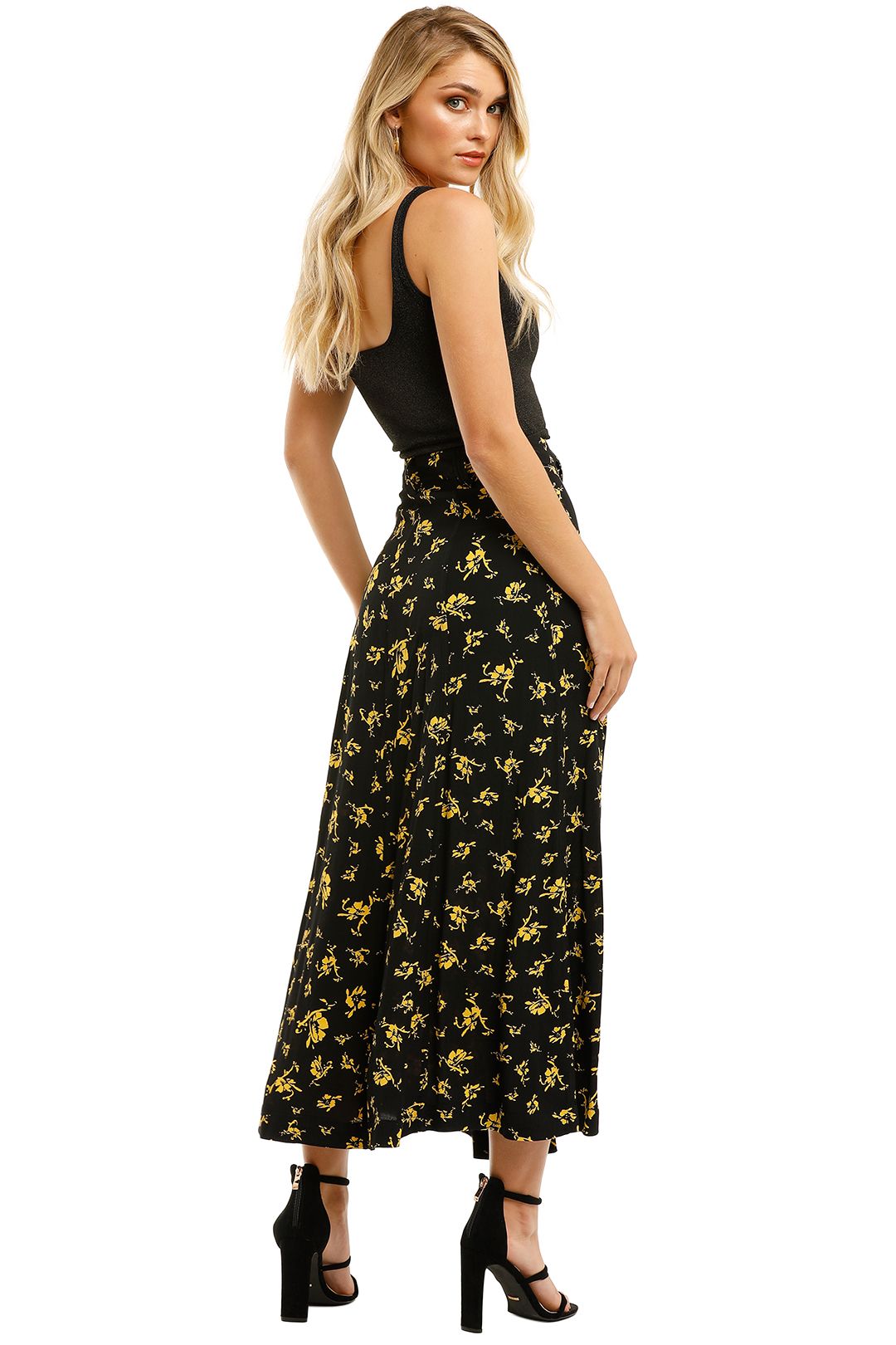 Ganni-Printed-Crepe-Long-Skirt-Black-Yellow-Back