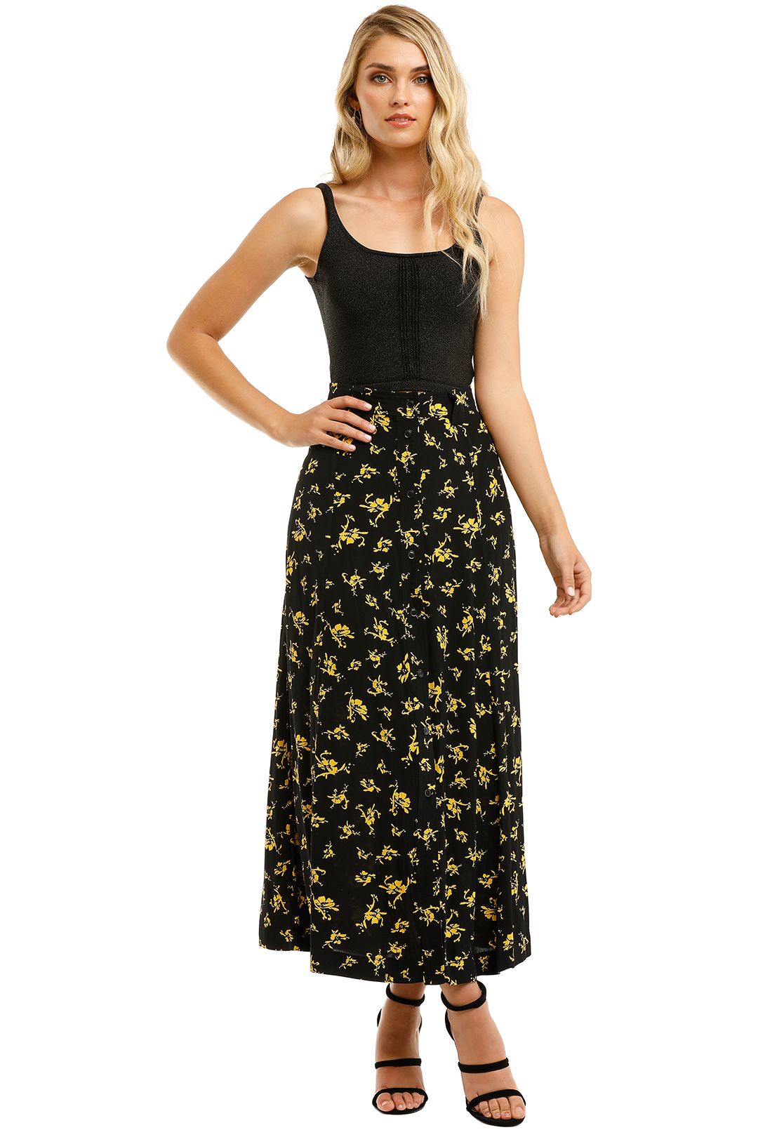 Ganni-Printed-Crepe-Long-Skirt-Black-Yellow-Front