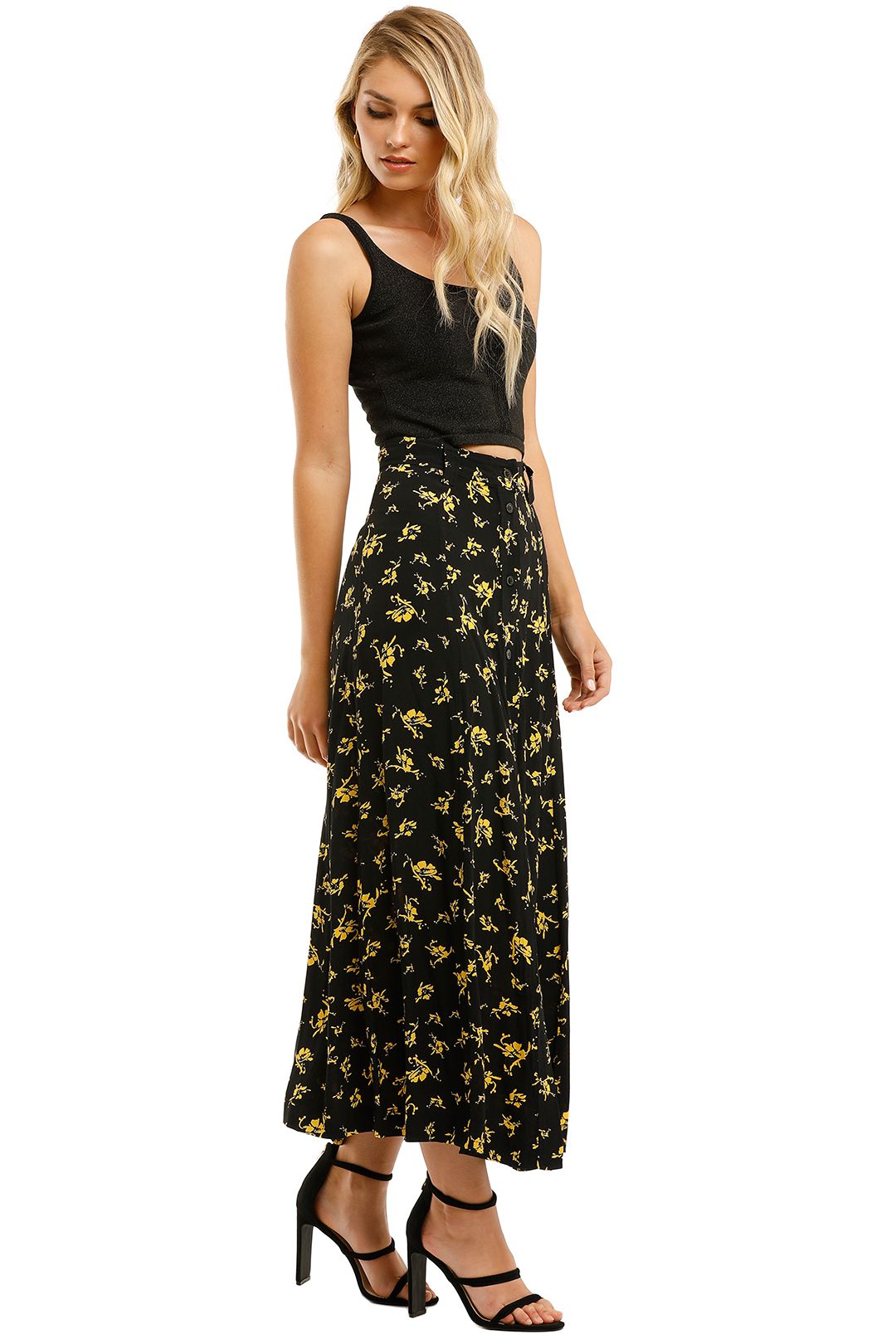 Ganni-Printed-Crepe-Long-Skirt-Black-Yellow-Side