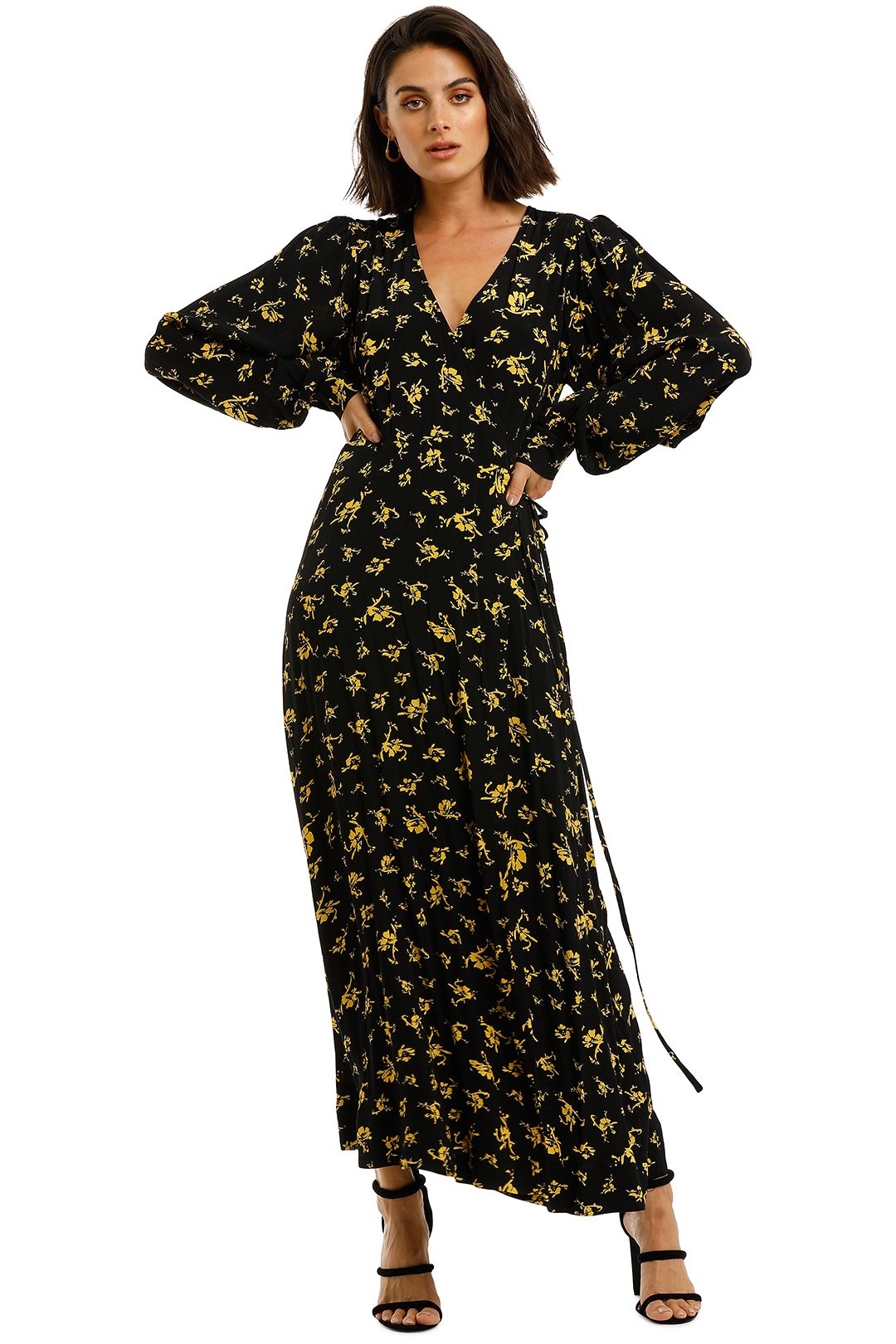 Ganni-Printed-Crepe-LS-Long-Dress-Black-Yellow-Front