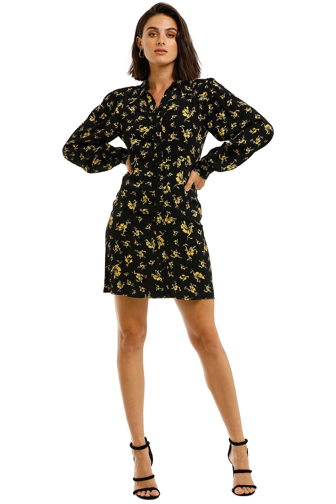 Ganni-Printed-Crepe-Shirt-Dress-Black-Yellow-Front