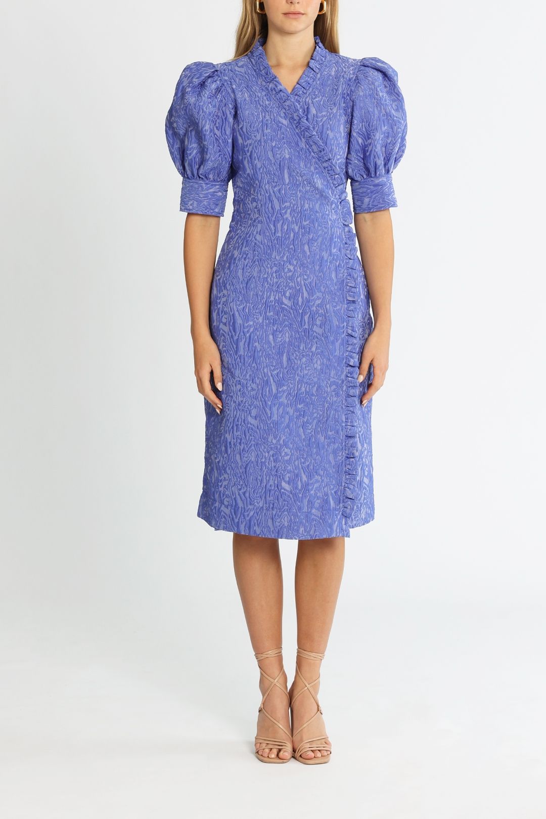 Ganni 3D Jacquard Short Sleeve Wrap Dress Blue Iris