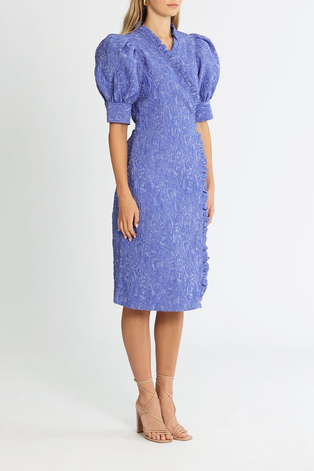 Ganni 3D Jacquard Short Sleeve Wrap Dress Blue Iris Midi