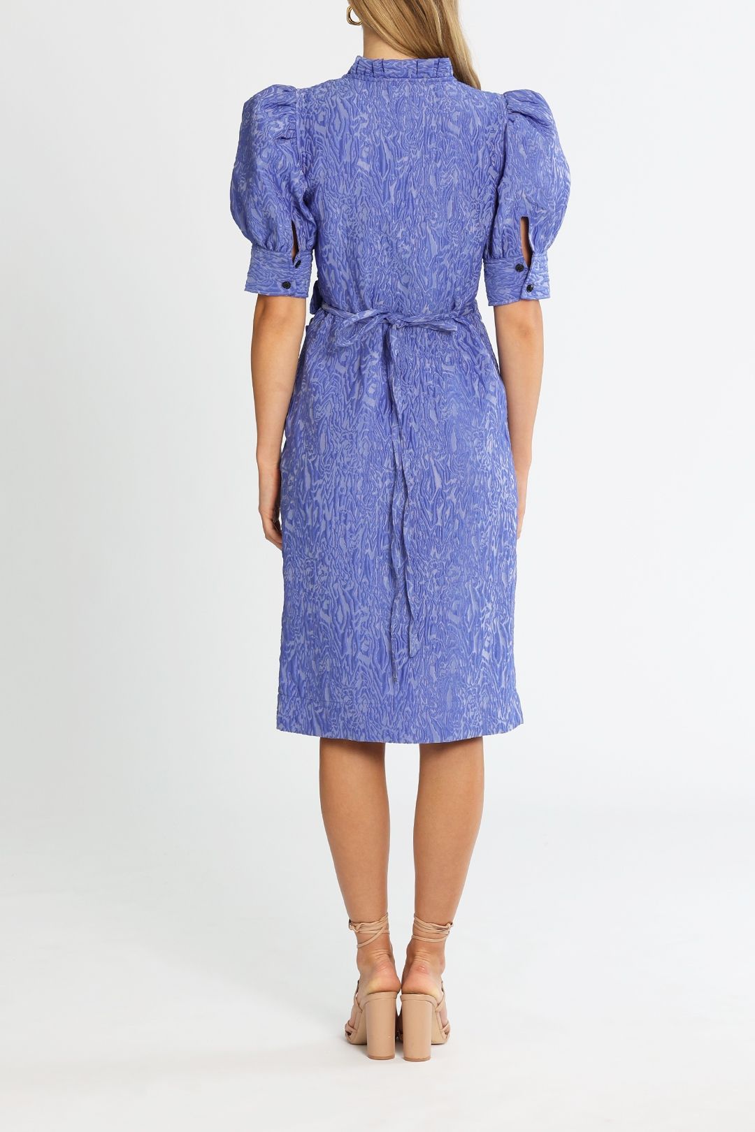 Ganni 3D Jacquard Short Sleeve Wrap Dress Blue Iris Waist Tie