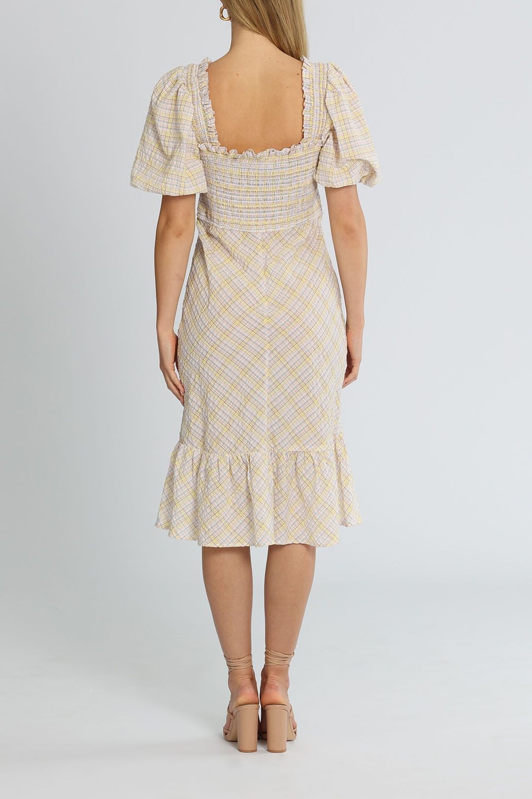 Ganni Check Shirred Midi Dress Ruffled Hem