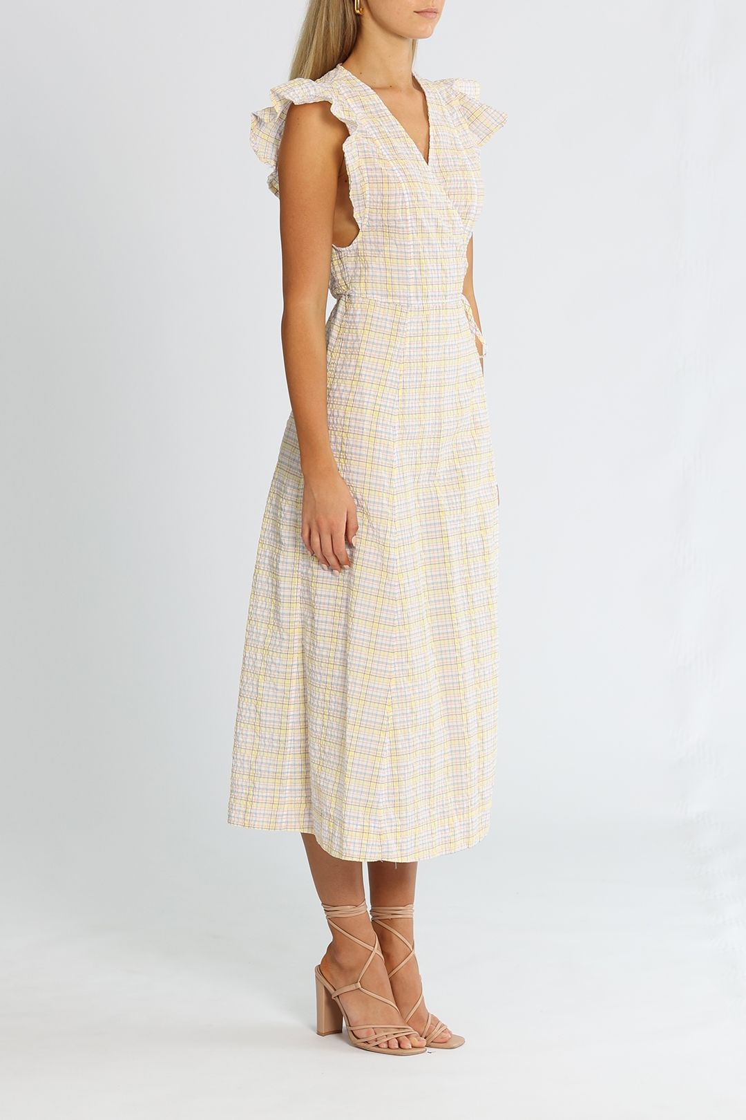 Ganni Check Wrap Midi Dress V Neck