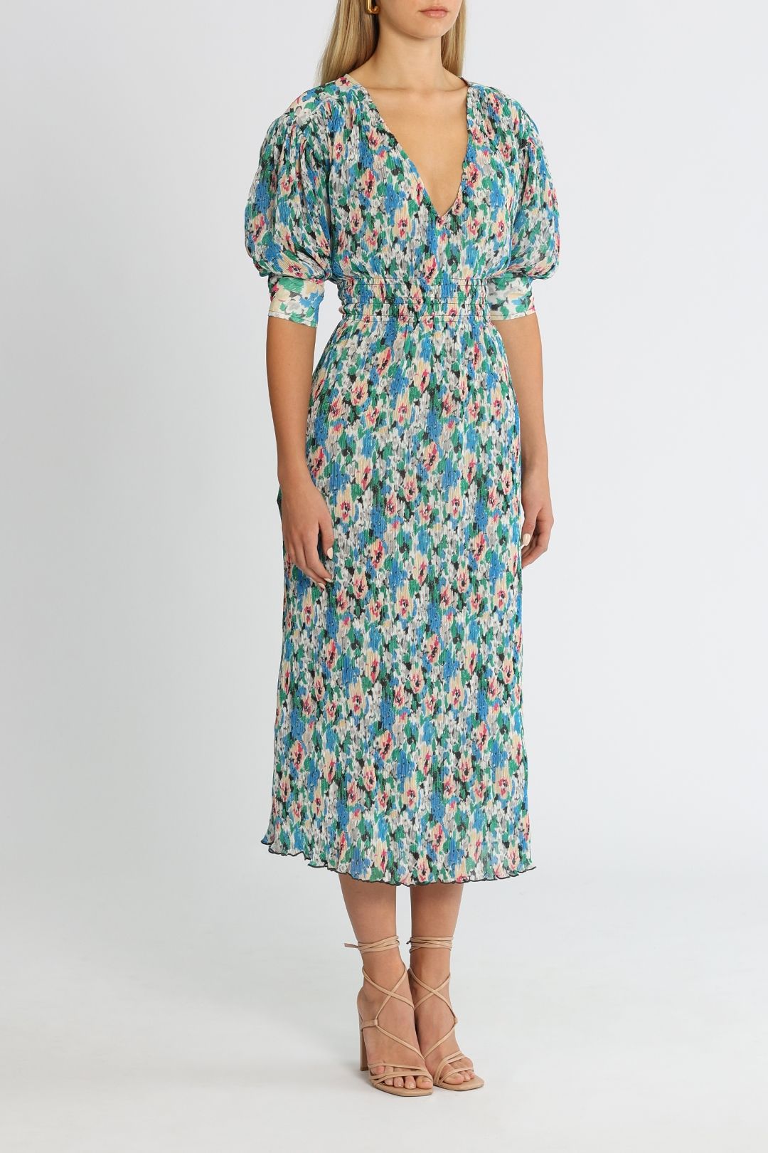 Ganni Pleated Georgette Floral Azure Blue Short Sleeve Midi Dress Balloon Sleeves