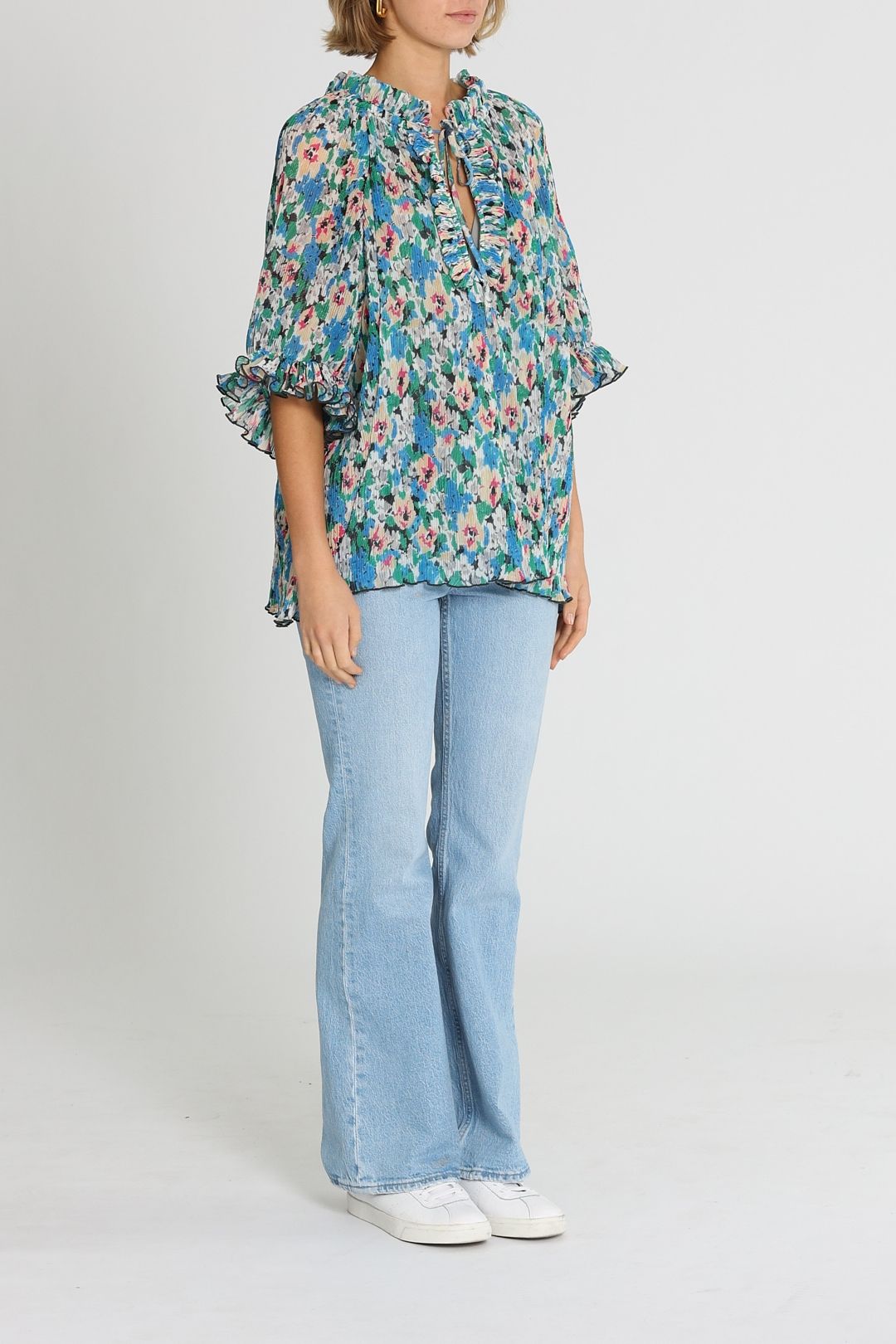 Ganni Pleated Georgette Short Sleeve Blouse Floral Azure Blue Relaxed