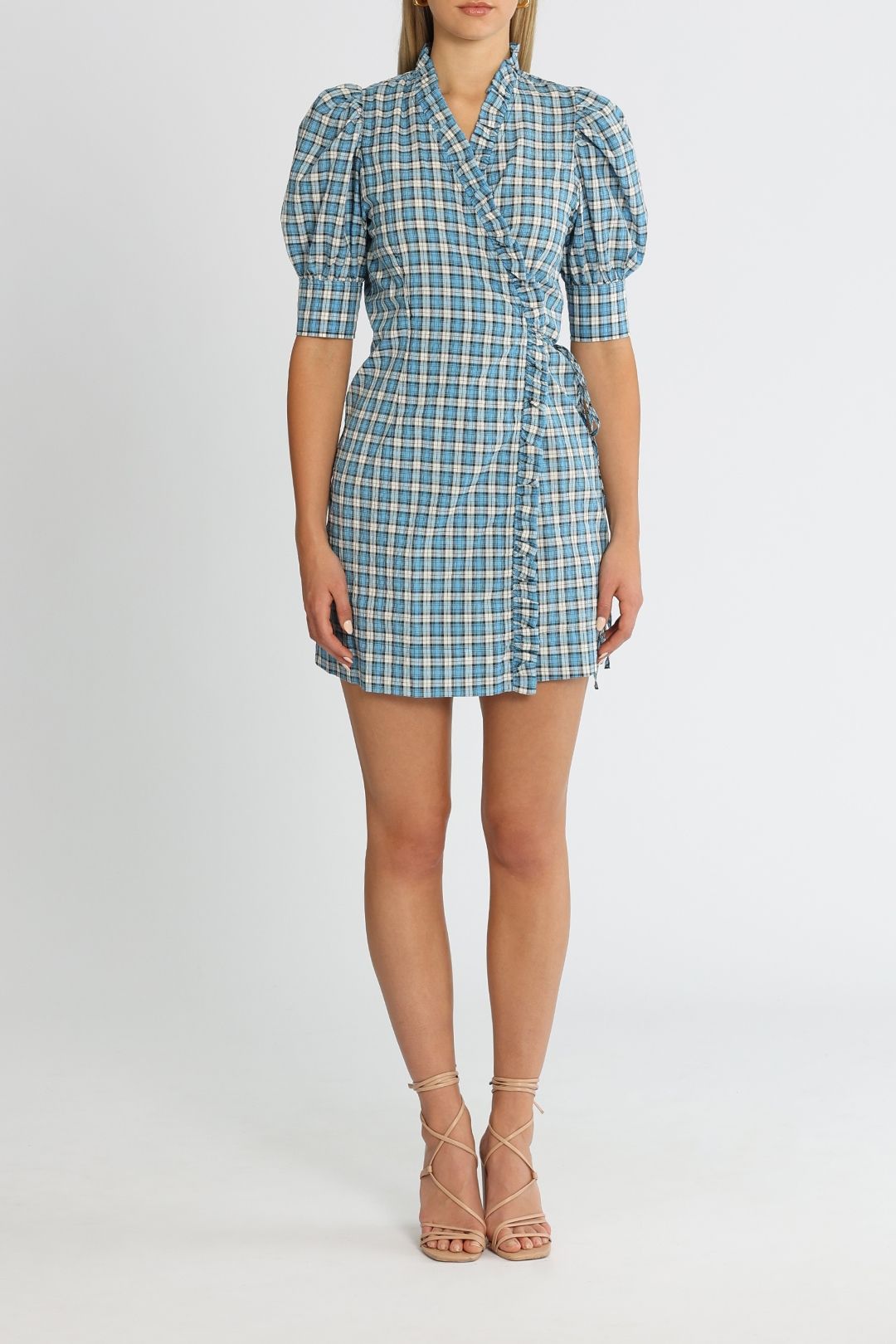 Ganni Seersucker Check Azure Blue Short Sleeve Mini Dress