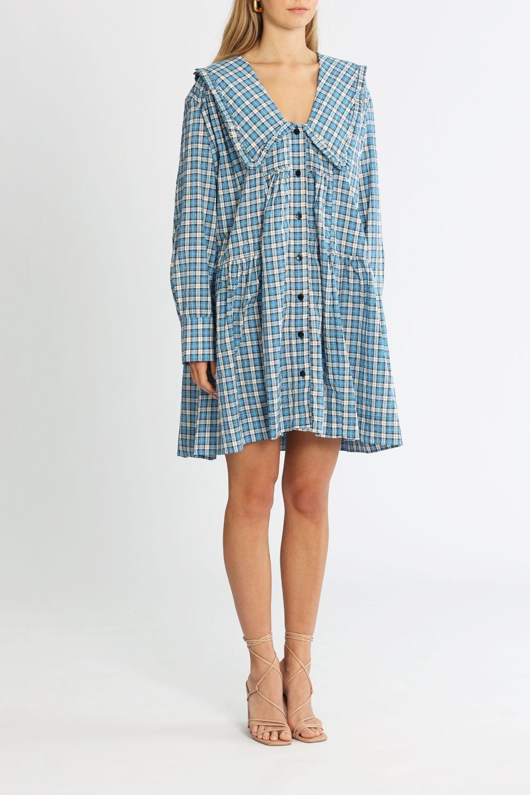 Ganni Seersucker Long Sleeve Mini Dress Check Azure Blue Relaxed Fit