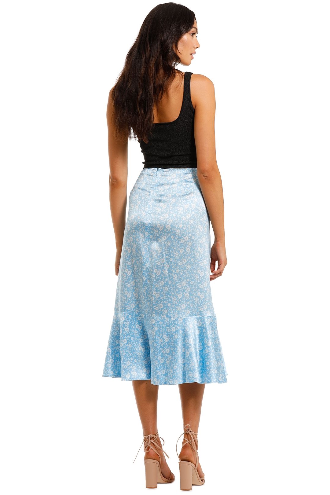 Ganni Silk Stretch Satin Long Skirt Blue Floral