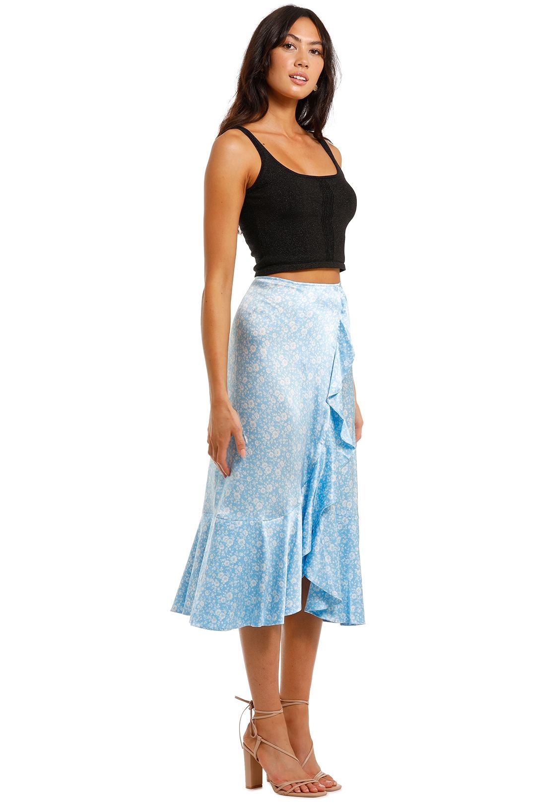 Ganni Silk Stretch Satin Long Skirt Blue Ruffle