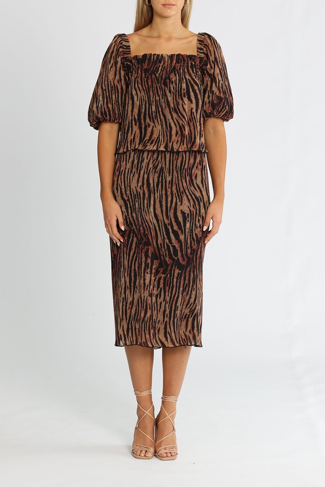 Ganni Tiger Pleat Dress Brown