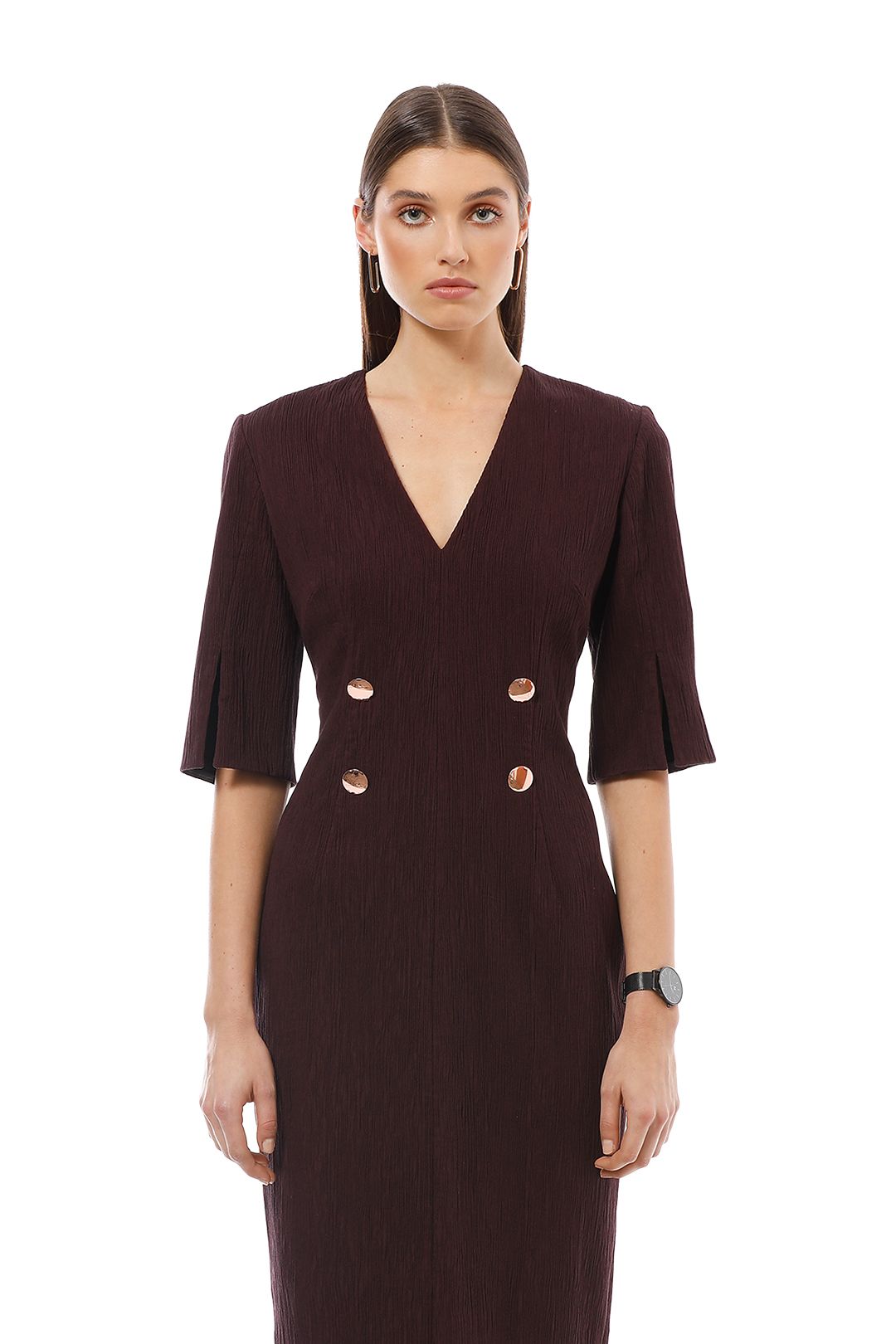 Ginger and Smart - Moduate Dress with Sleeve - Burgundy - Close Up