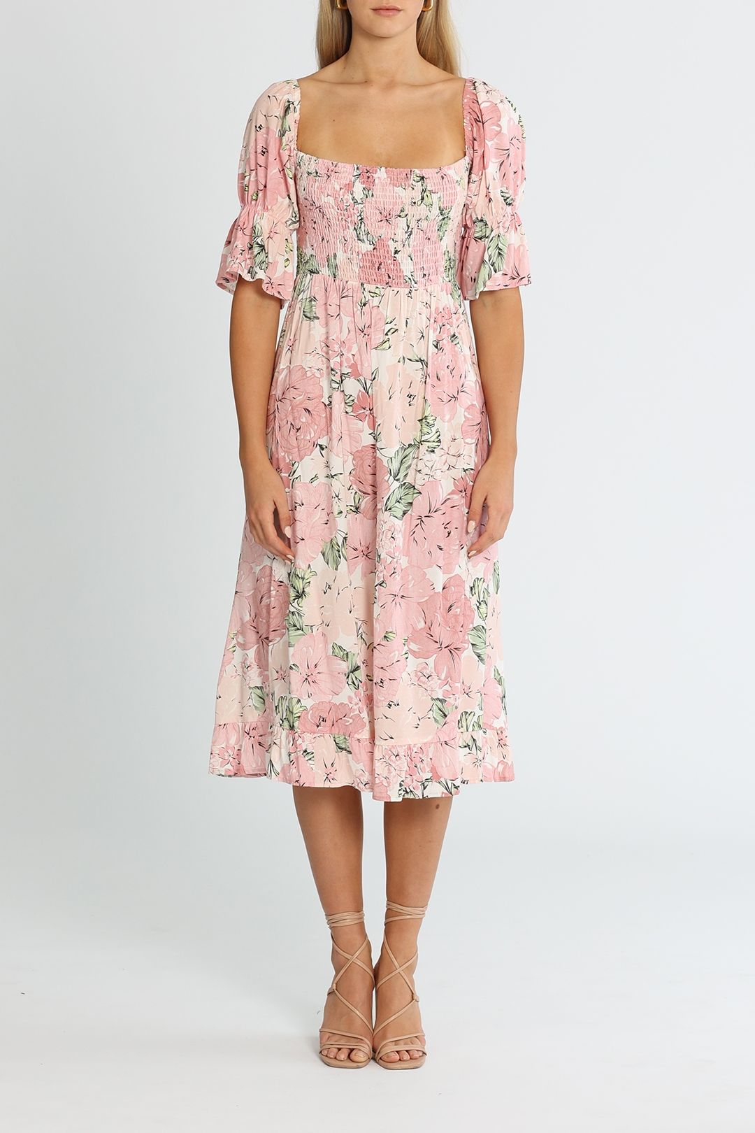Girl and the Sun Soleil Midi Dress Pink Floral Print