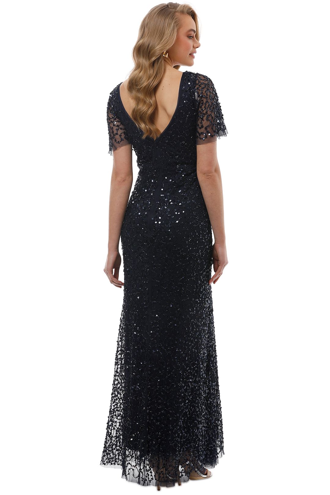 Navy Short Sleeve Sequin Gown by Grace & Blaze for Rent