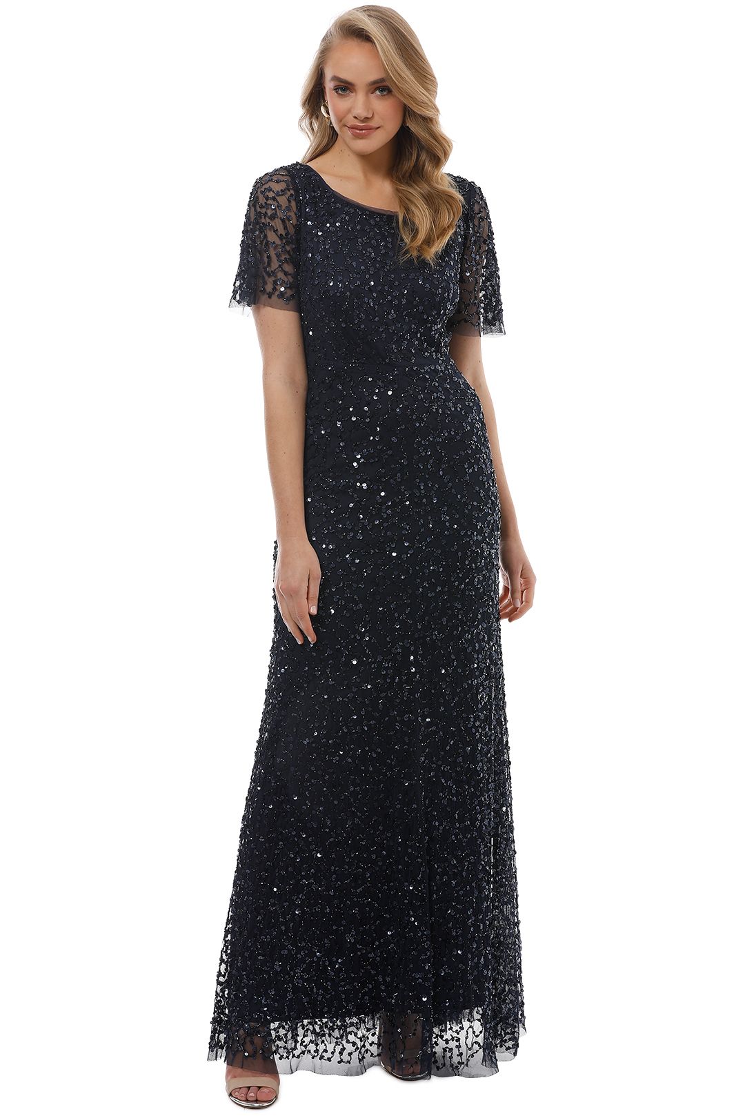 Grace & Blaze - Navy Short Sleeve Sequin Gown - Navy - Front
