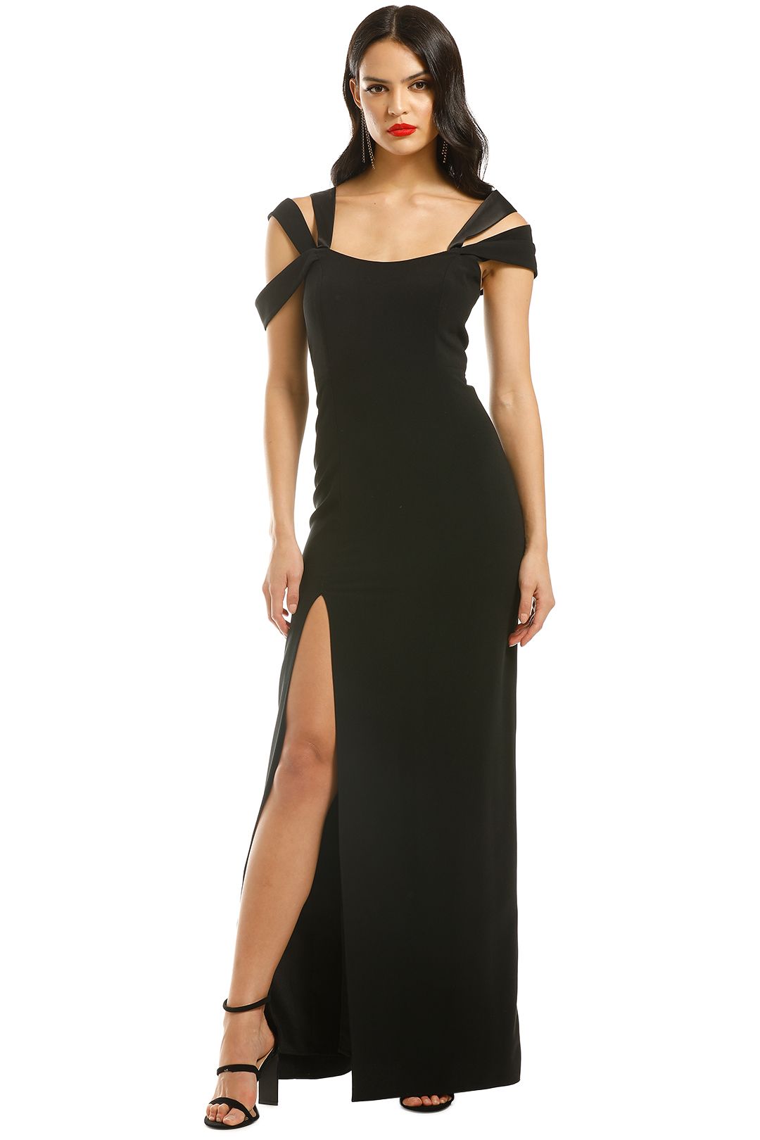 black cold shoulder evening gown