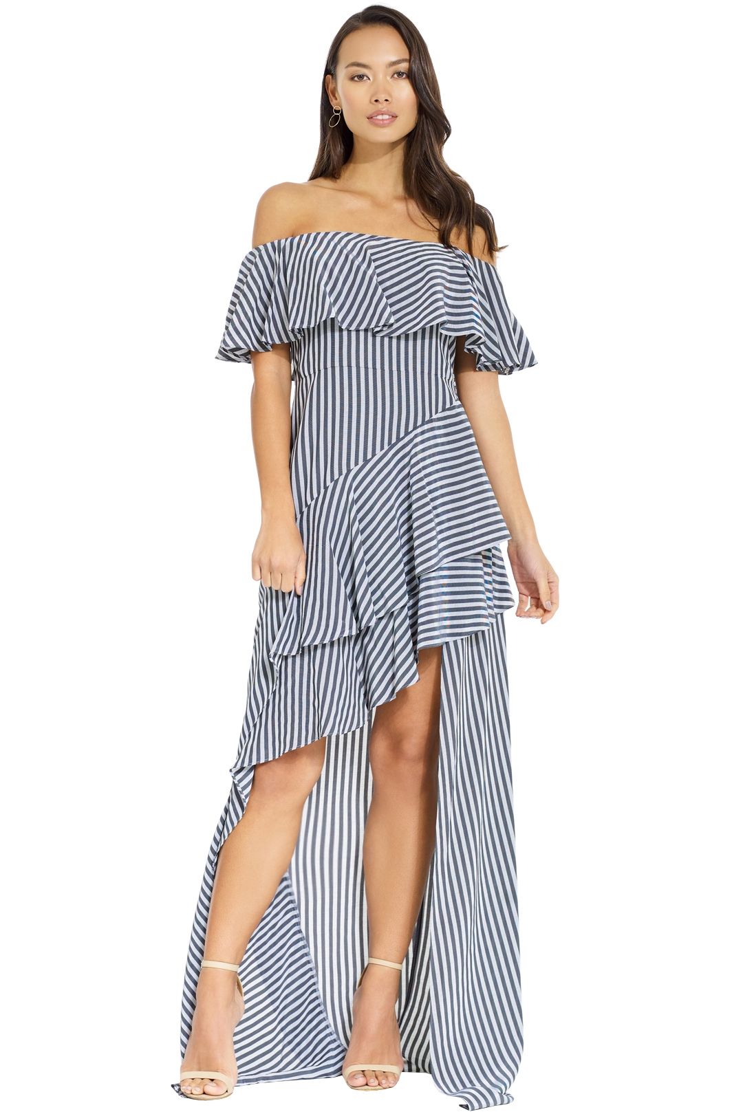 Halston Heritage - Striped off Shoulder Gown - Navy Charcoal - Front
