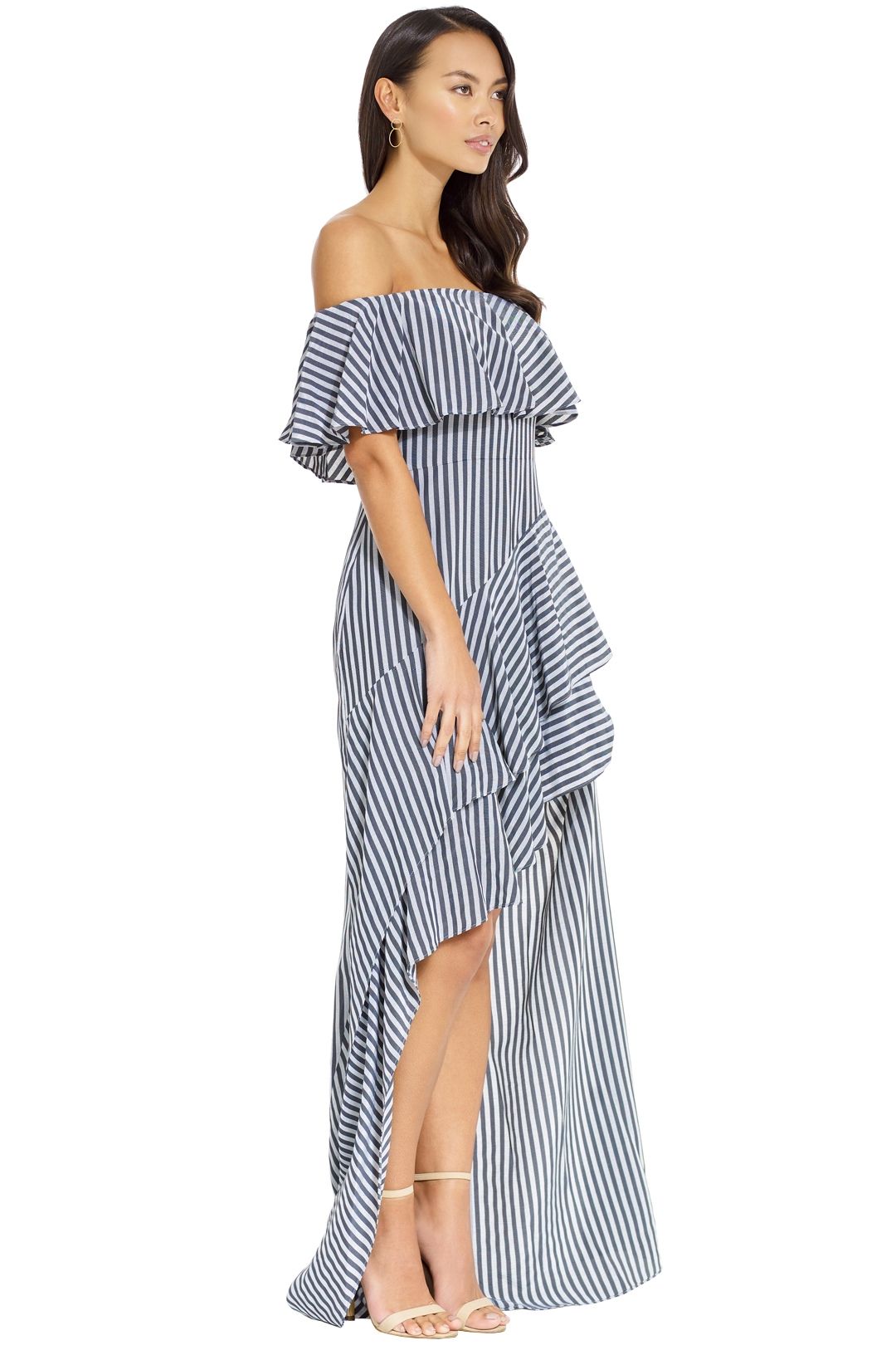 Halston Heritage - Striped off Shoulder Gown - Navy Charcoal - Side