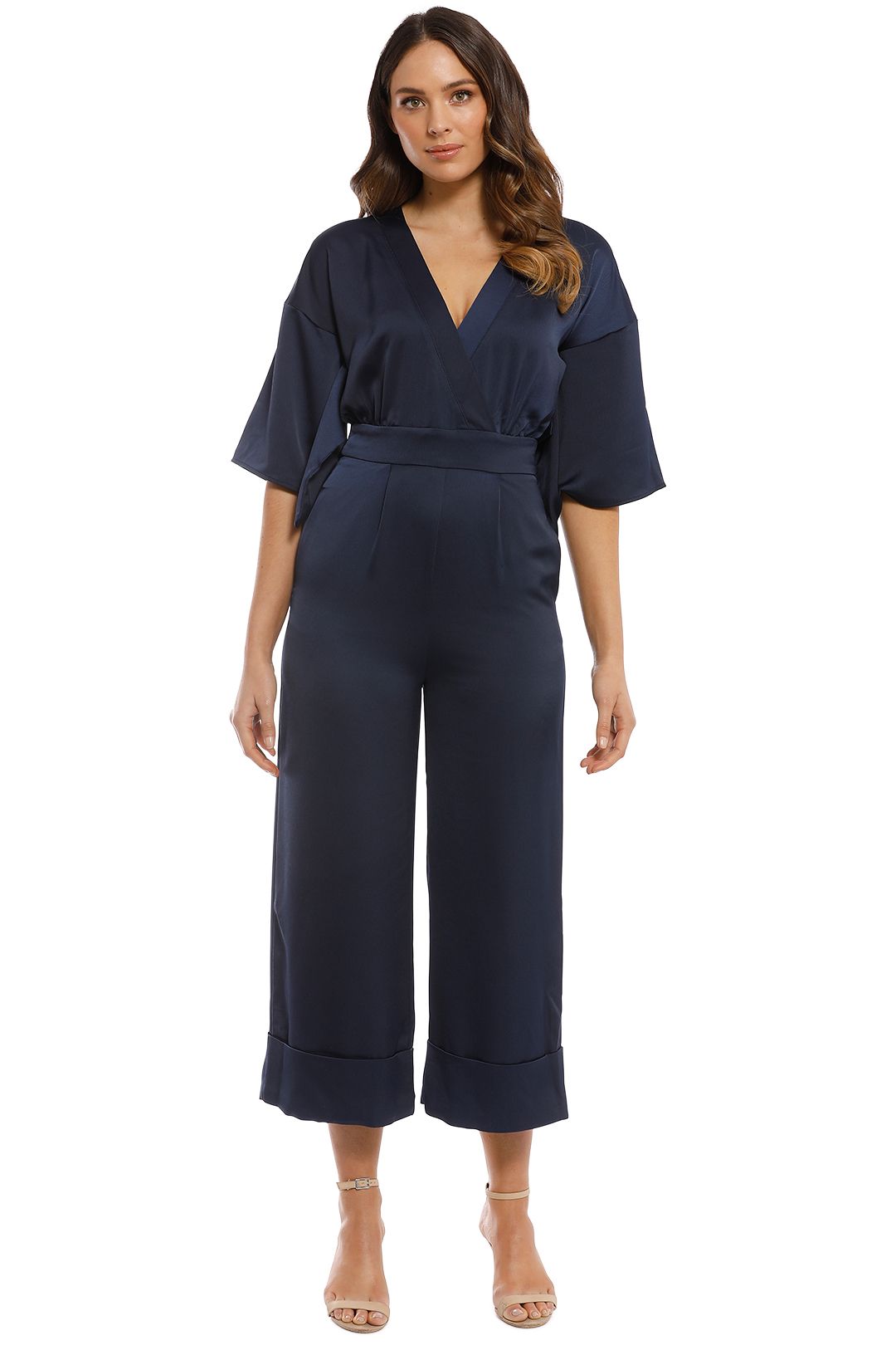Iris and Ink - Sidney Satin Jumpsuit - Navy - Front