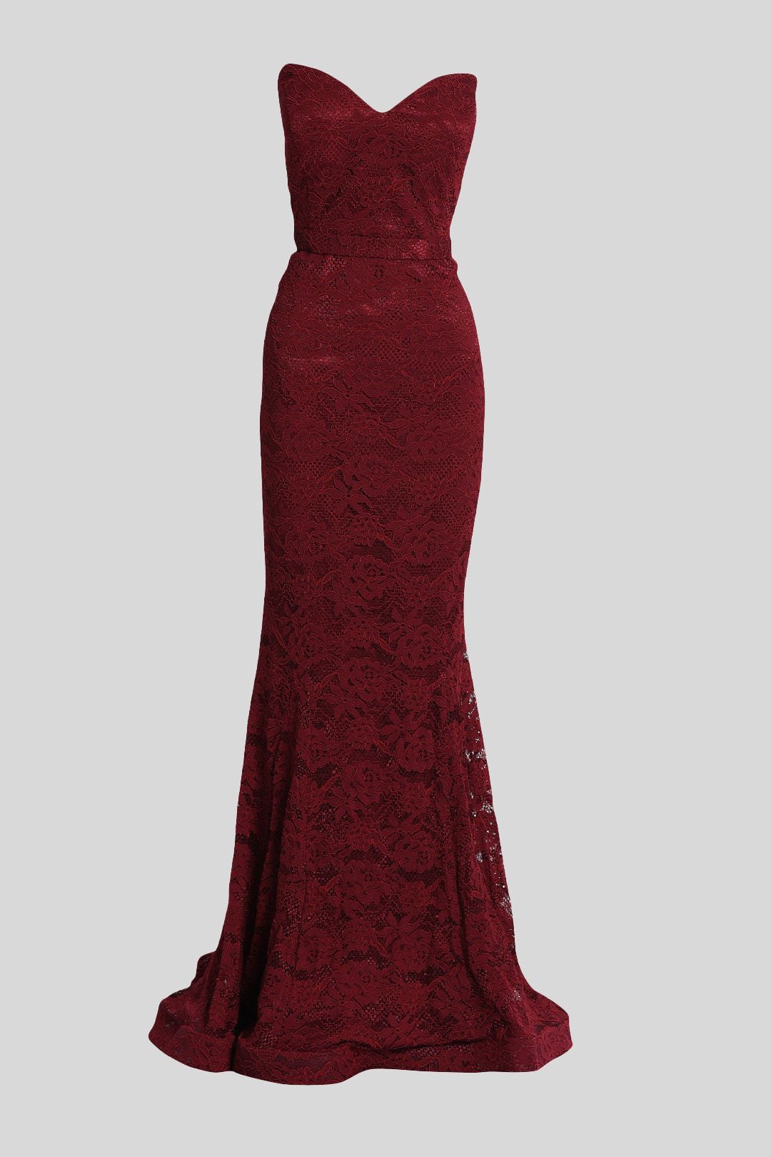 Jadore Strapless Lace Evening Gown in Maroon