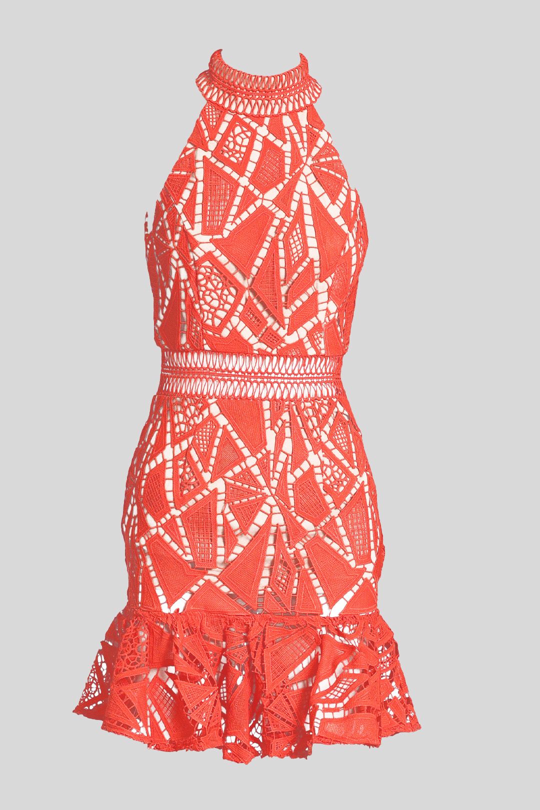 Jarlo Petite All Over Lace High Neck Mini Prom Dress in Orange