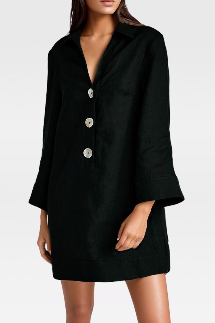 Jillian Boustred - Jagger Black Linen Long Sleeve Mini Dress