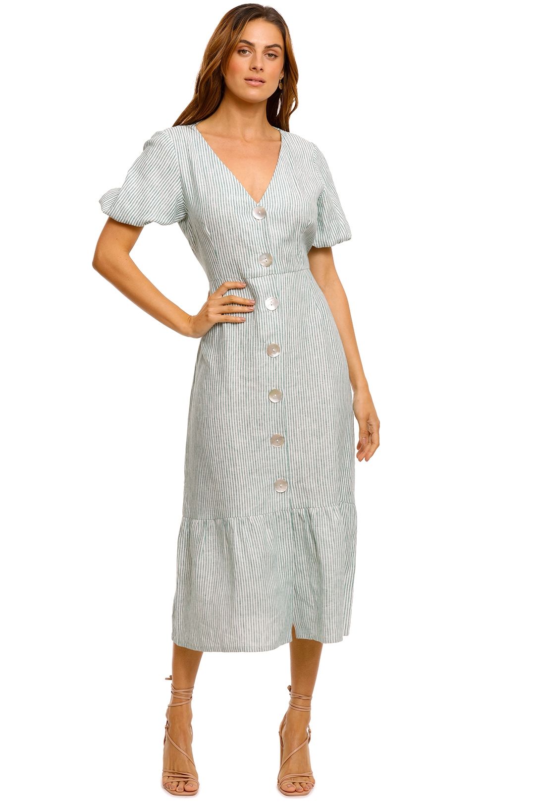 Jillian Boustred Liberty Dress Green Stripe v neck