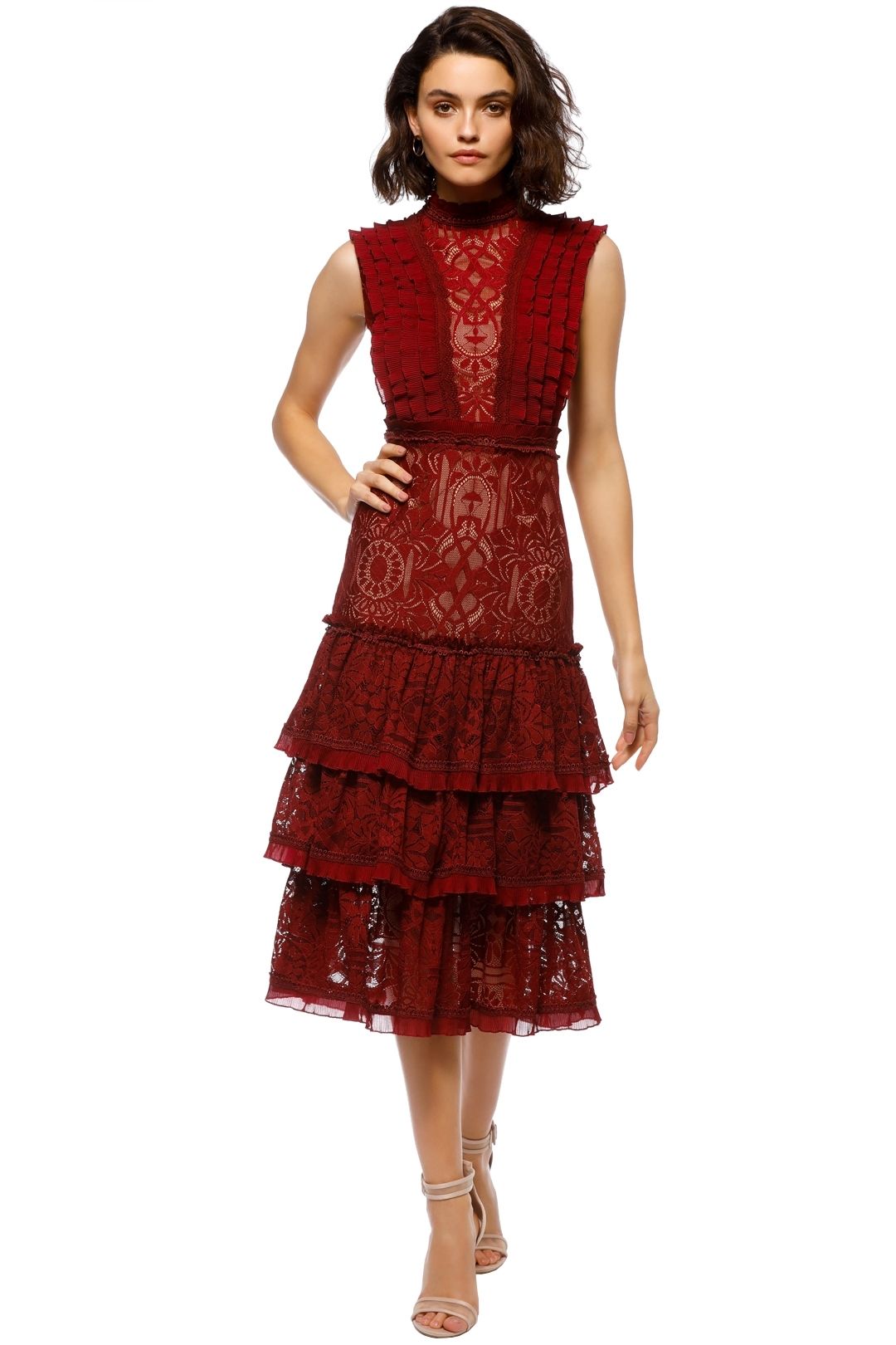 Red lace ruffle dress clearance