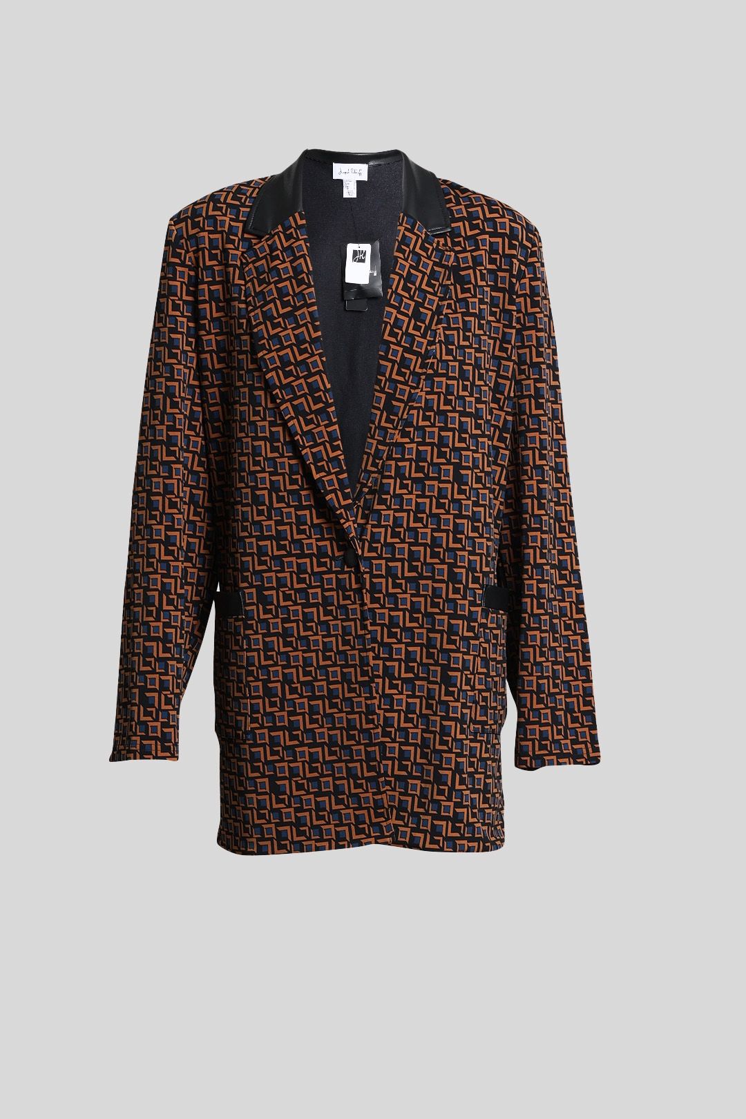 Multi Geometric Print Faux Leather Trim Blazer