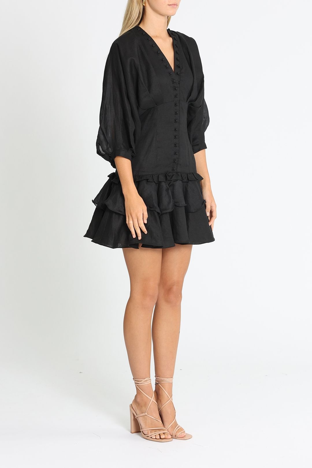 Joslin Elizabeth Linen Ramie Mini Dress Black Ruffle Hem
