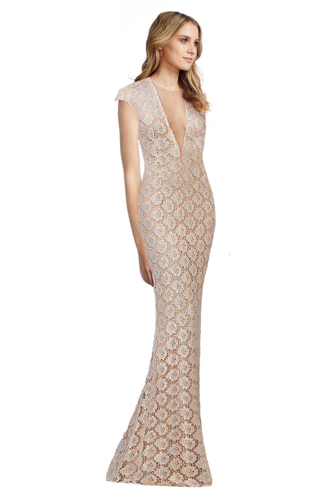 Jovani - Lace Fitted Cap Sleeve Gown - Gold - Front