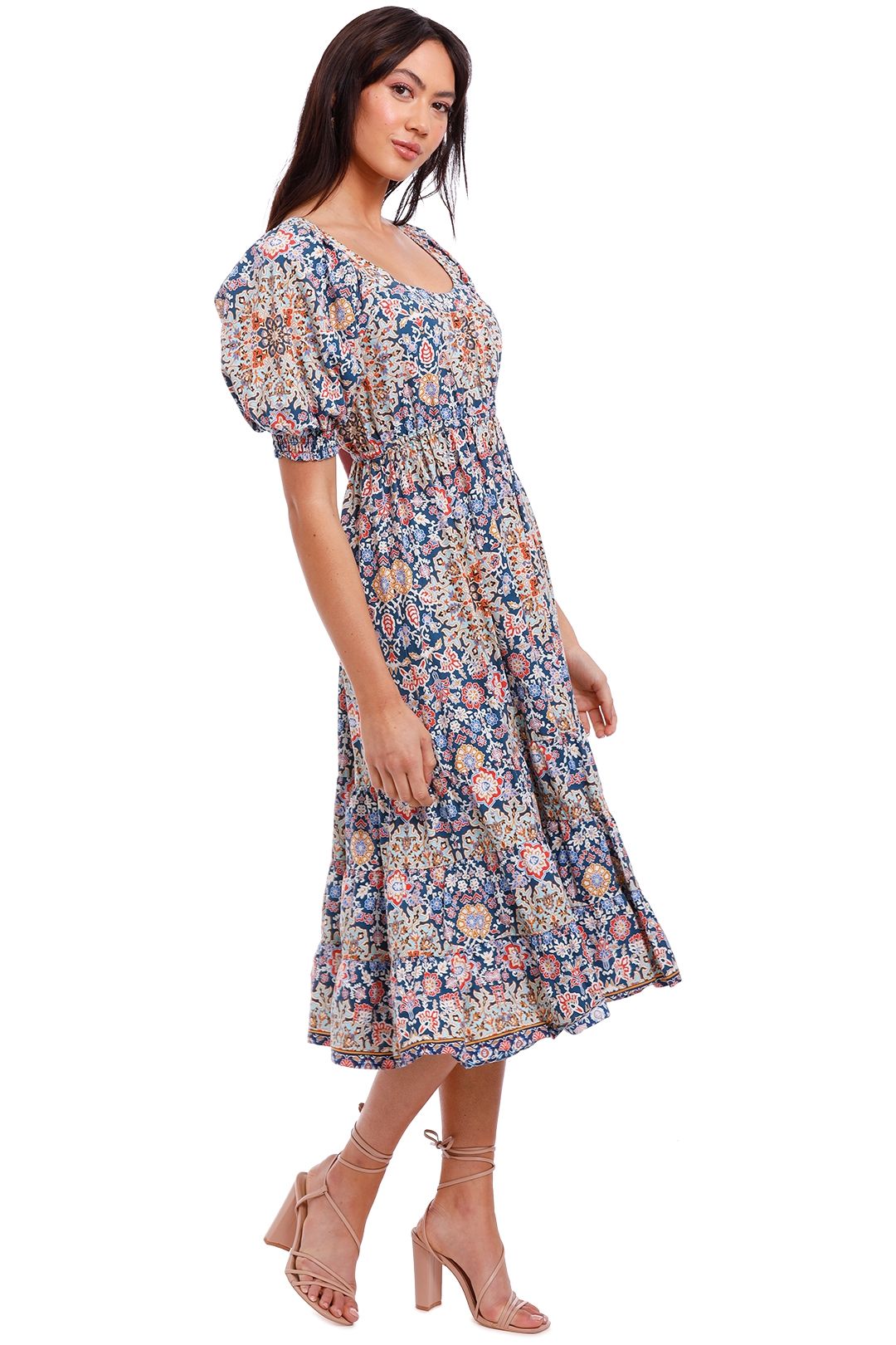 Kachel Kelly Elasticated Waist Cotton Midi Dress Multi Print