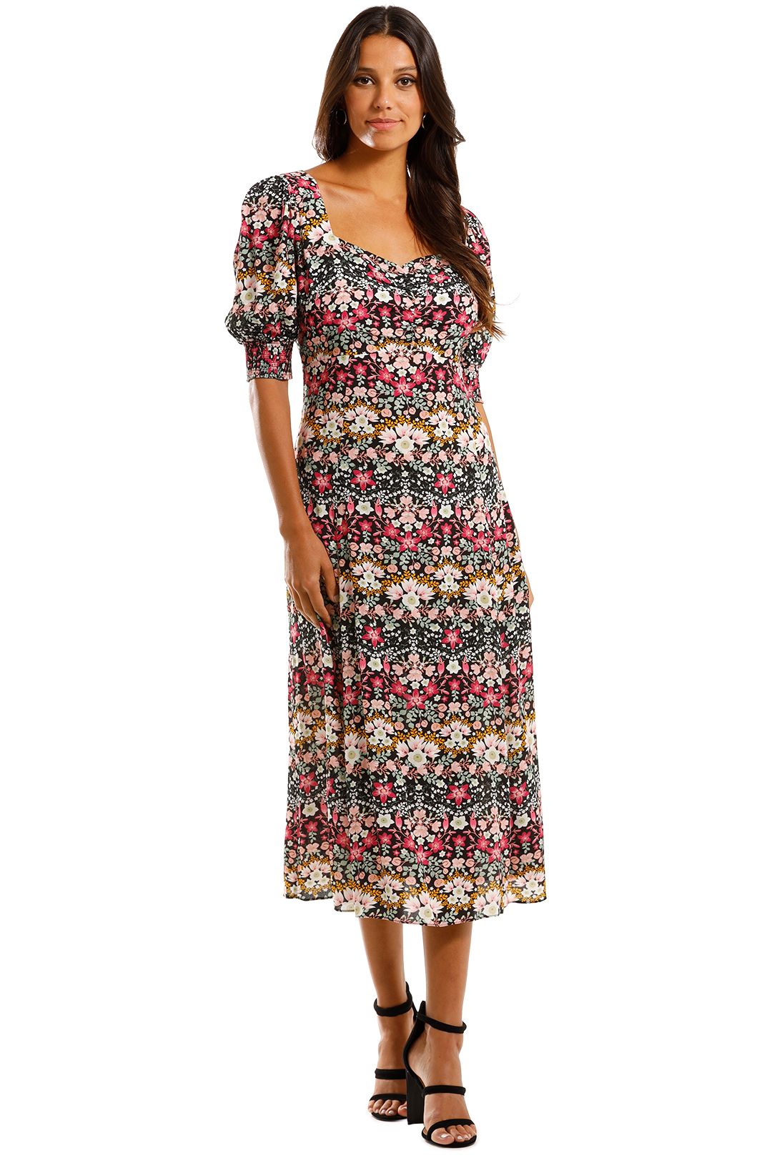 Kachel Leah Short Puff Sleeve Sweetheart Midi Dress Floral