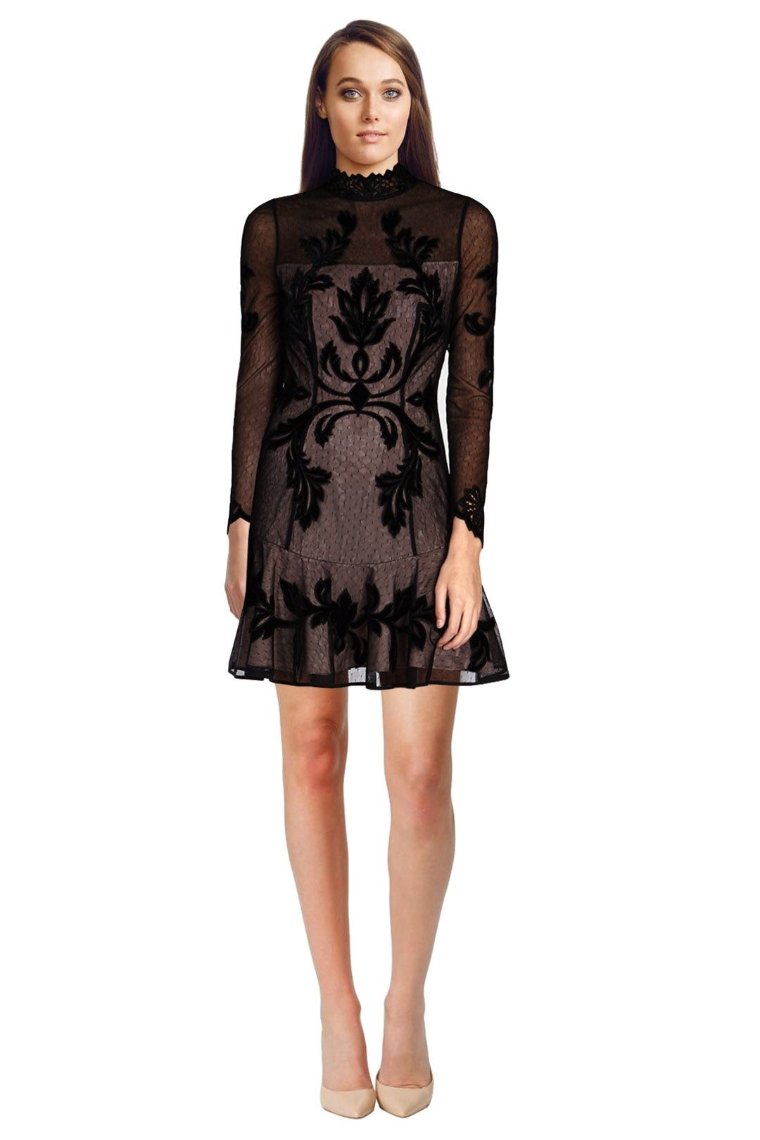 Karen Millen - Embroidered High-Neck Mini Dress - Black - Front